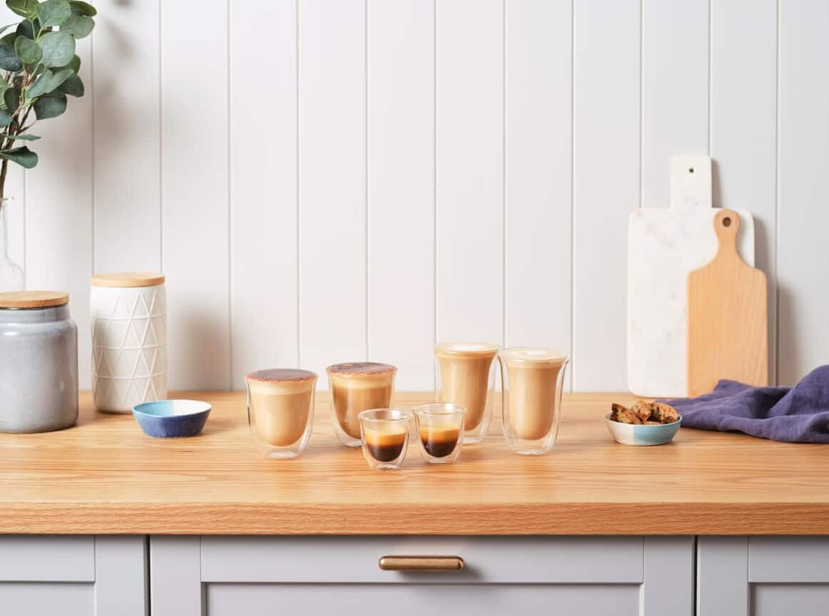 Clear double-wall thermo glass set on a wooden surface, several cups filled with coffee.