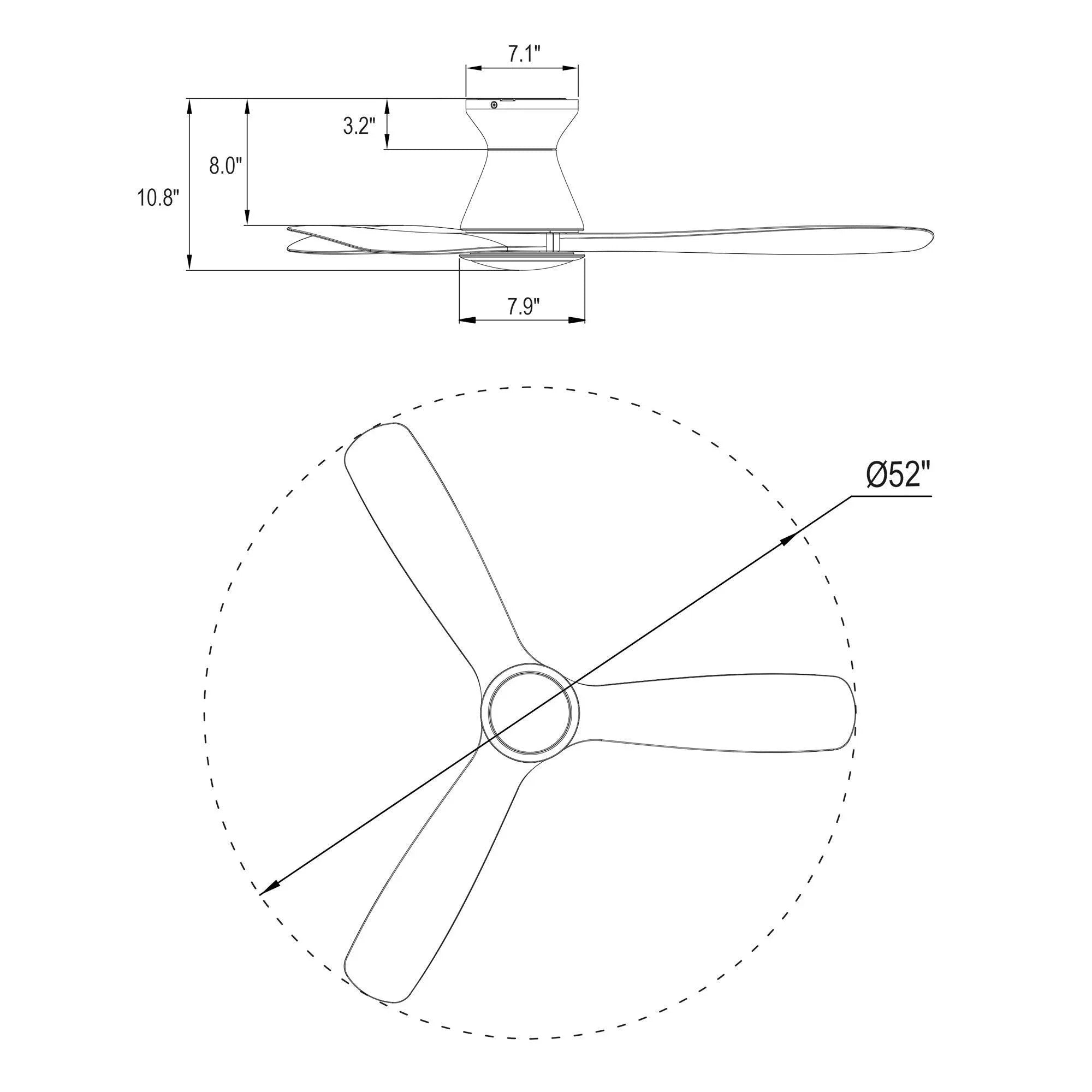 Ceiling fan size diagram: 52-inch blade span and 10.8-inch height.