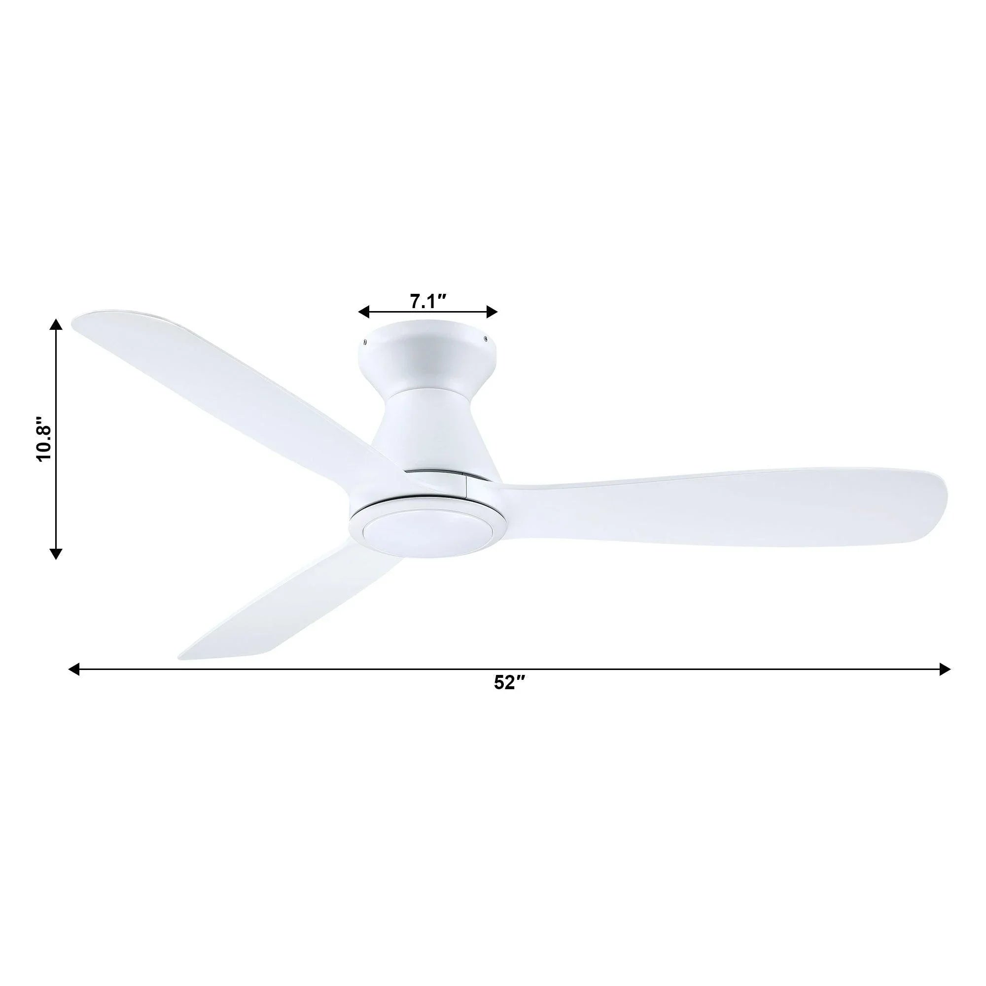 Ceiling fan dimensions: white flush-mount fan with 52-inch span and 10.8-inch height.