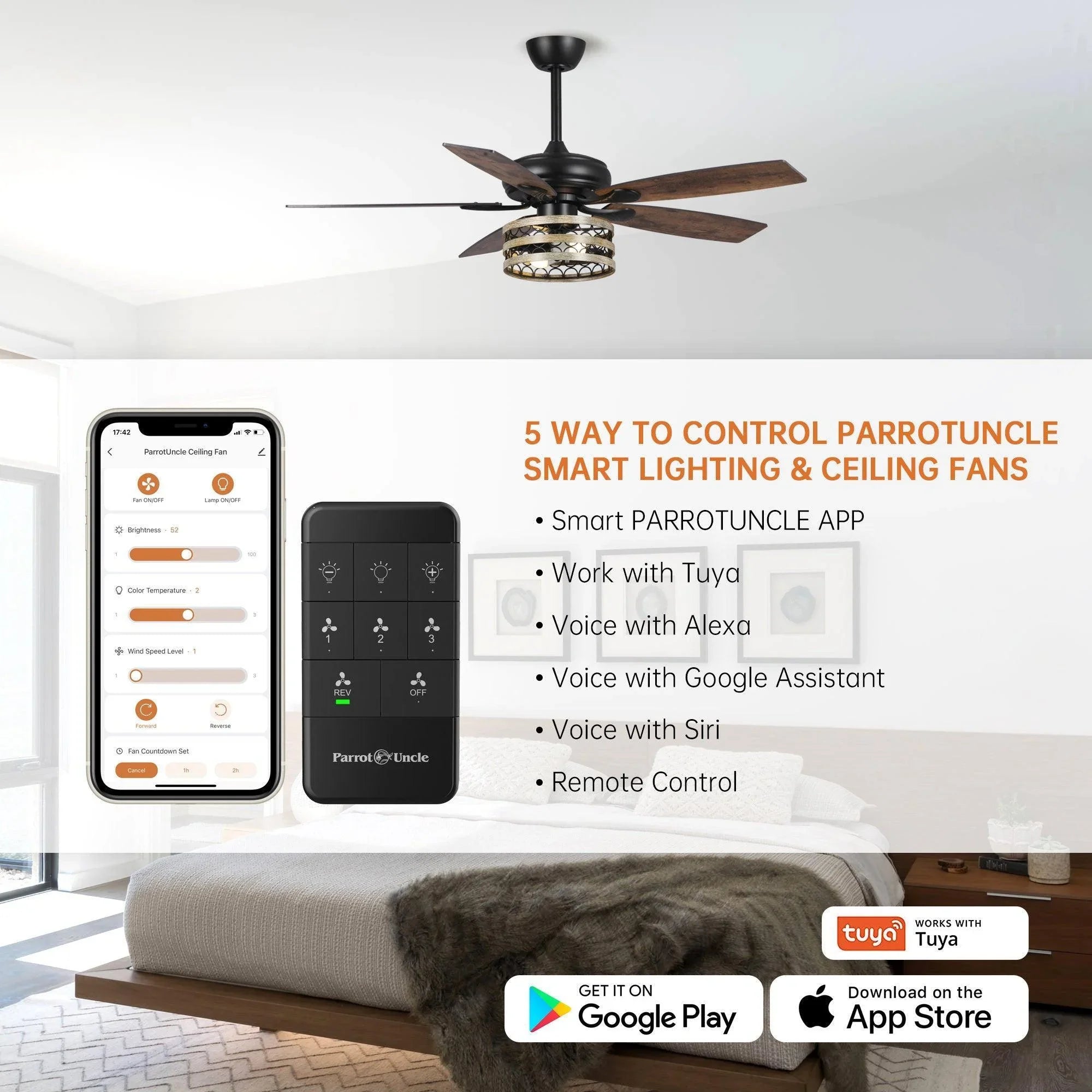 Black smart ceiling fan with light kit and remote control/app interface graphics