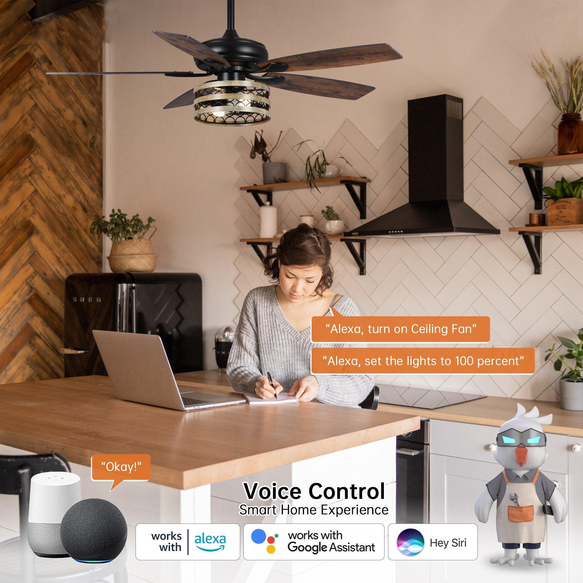 Black smart ceiling fan with decorative light kit and voice-control interface icons