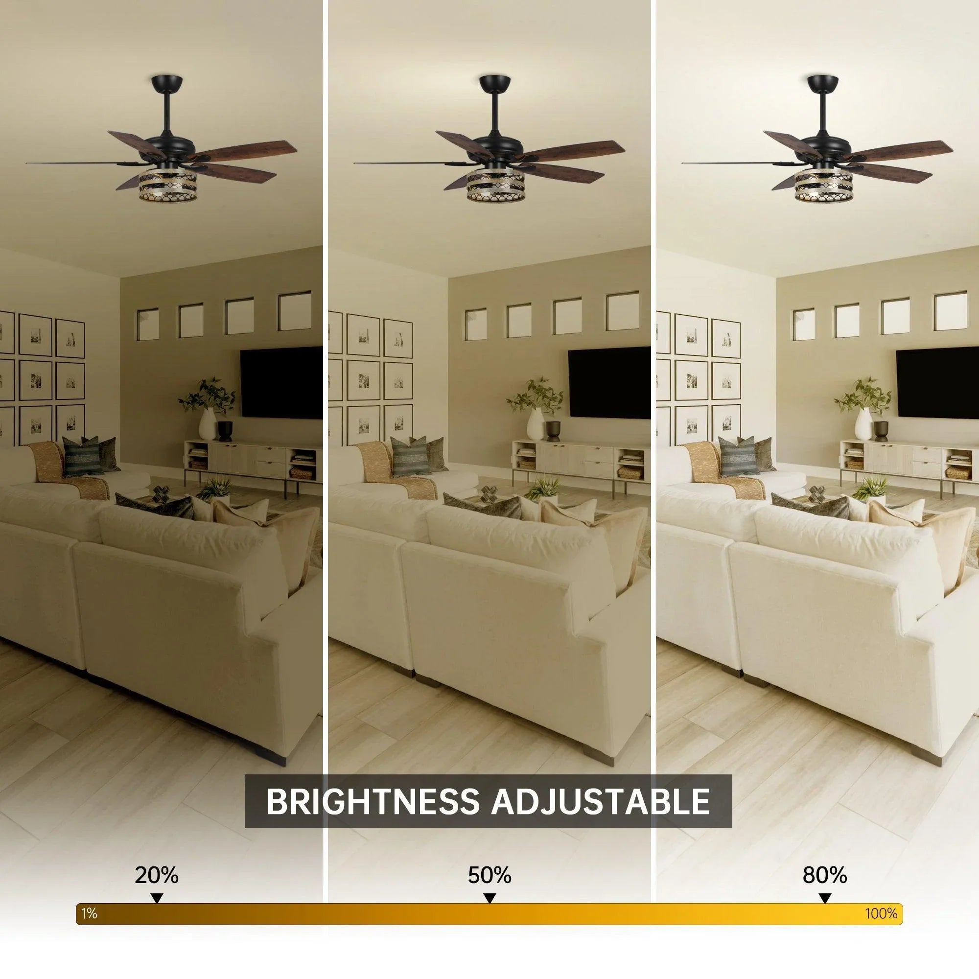 Black smart ceiling fan with light kit and brightness adjust indicator from 20% to 80%
