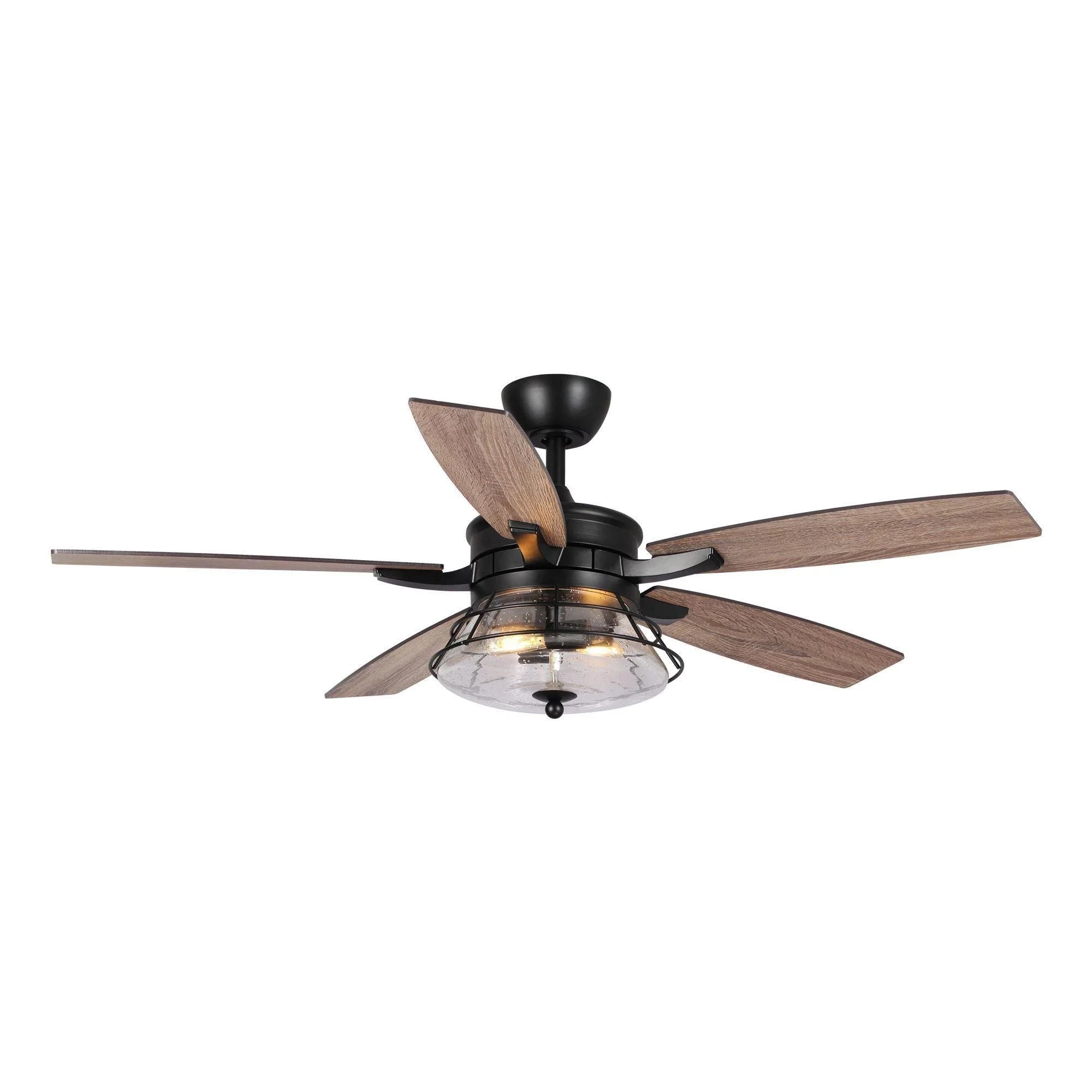 Black ceiling fan with 5 wood blades and clear glass light dome