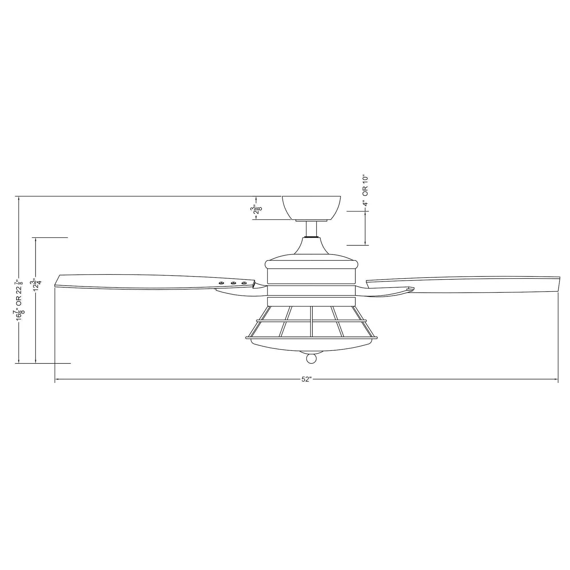 Ceiling fan line drawing with 52-inch span dimension