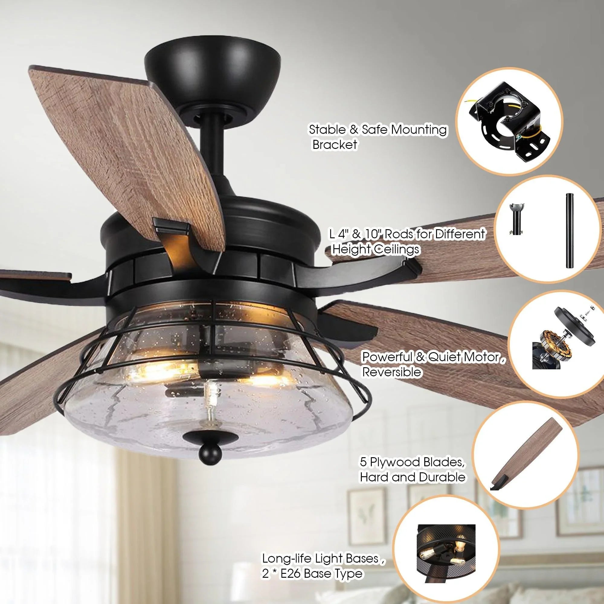 Ceiling fan with wood blades, black housing, and clear glass light dome