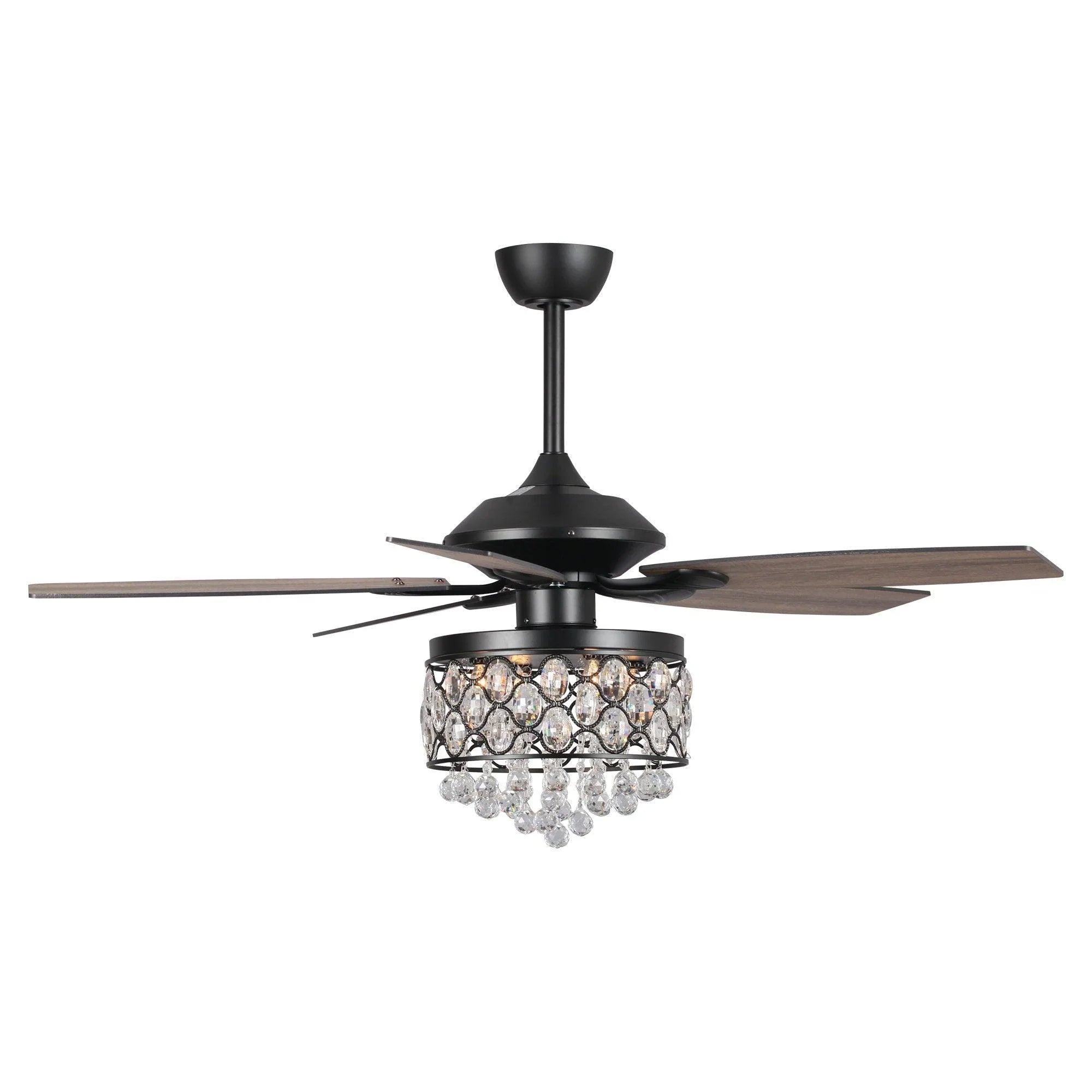 Black ceiling fan with crystal drum light and long wood-look blades