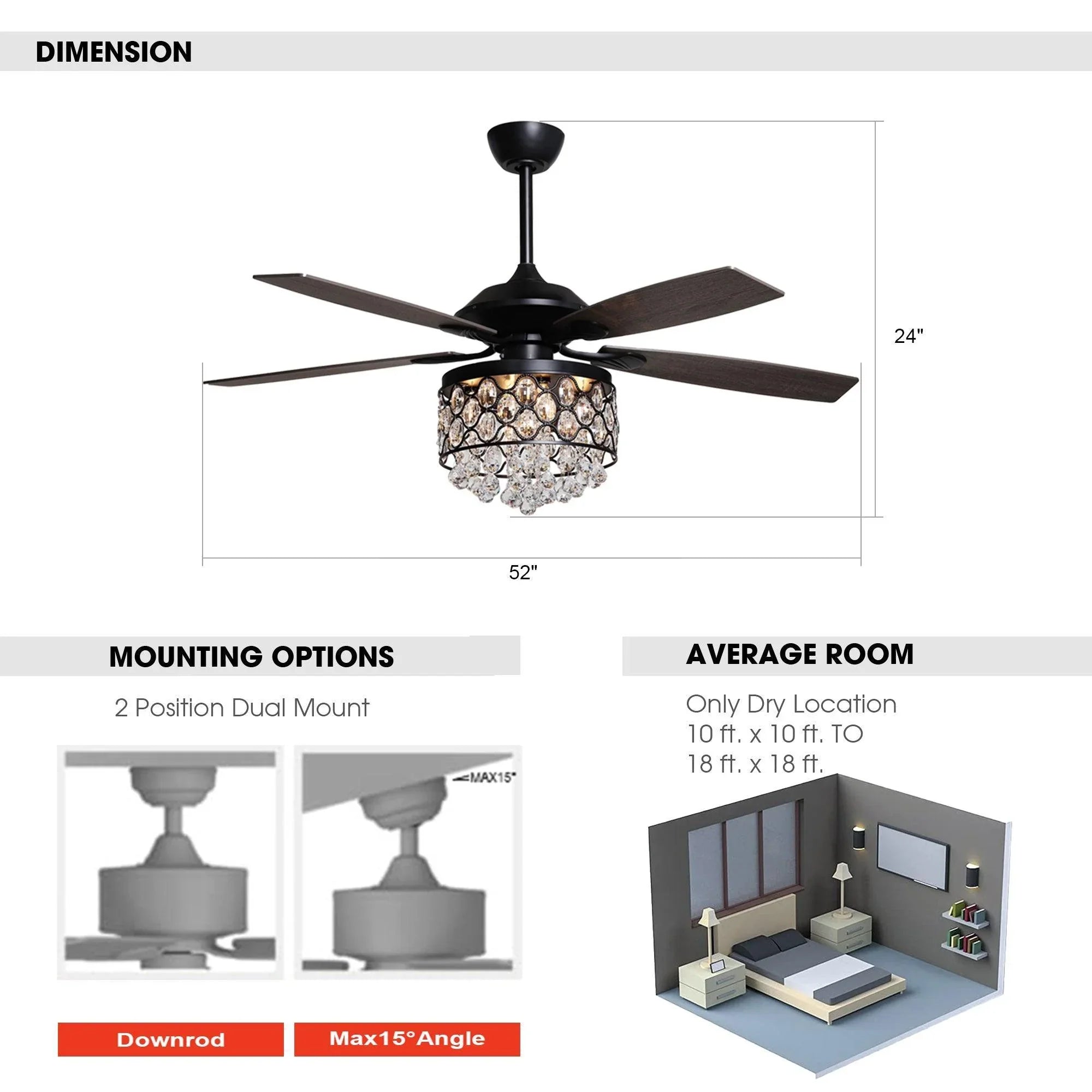 52-inch black ceiling fan with crystal light and dark brown reversible blades
