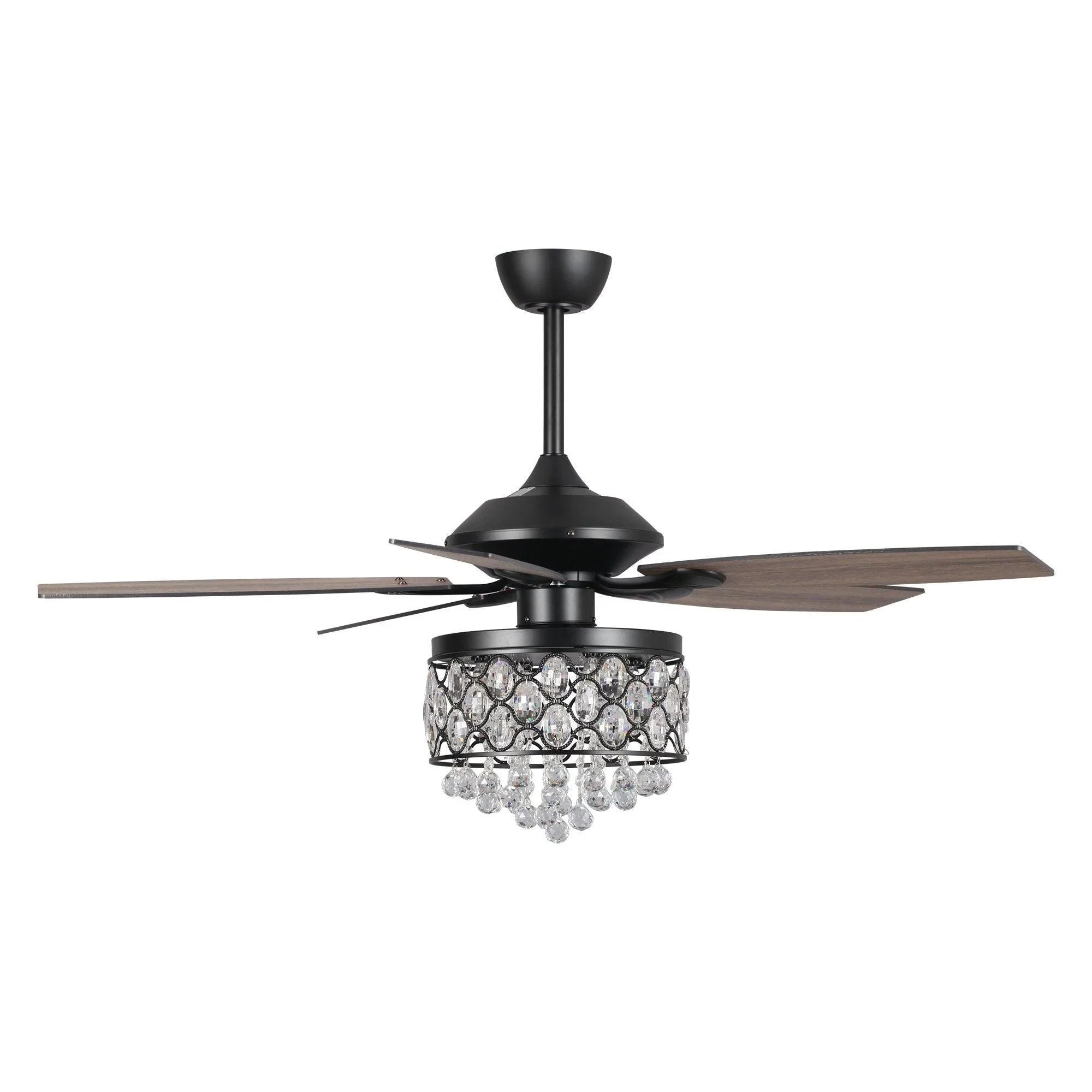 Black ceiling fan with crystal globe light and four wooden reversible blades