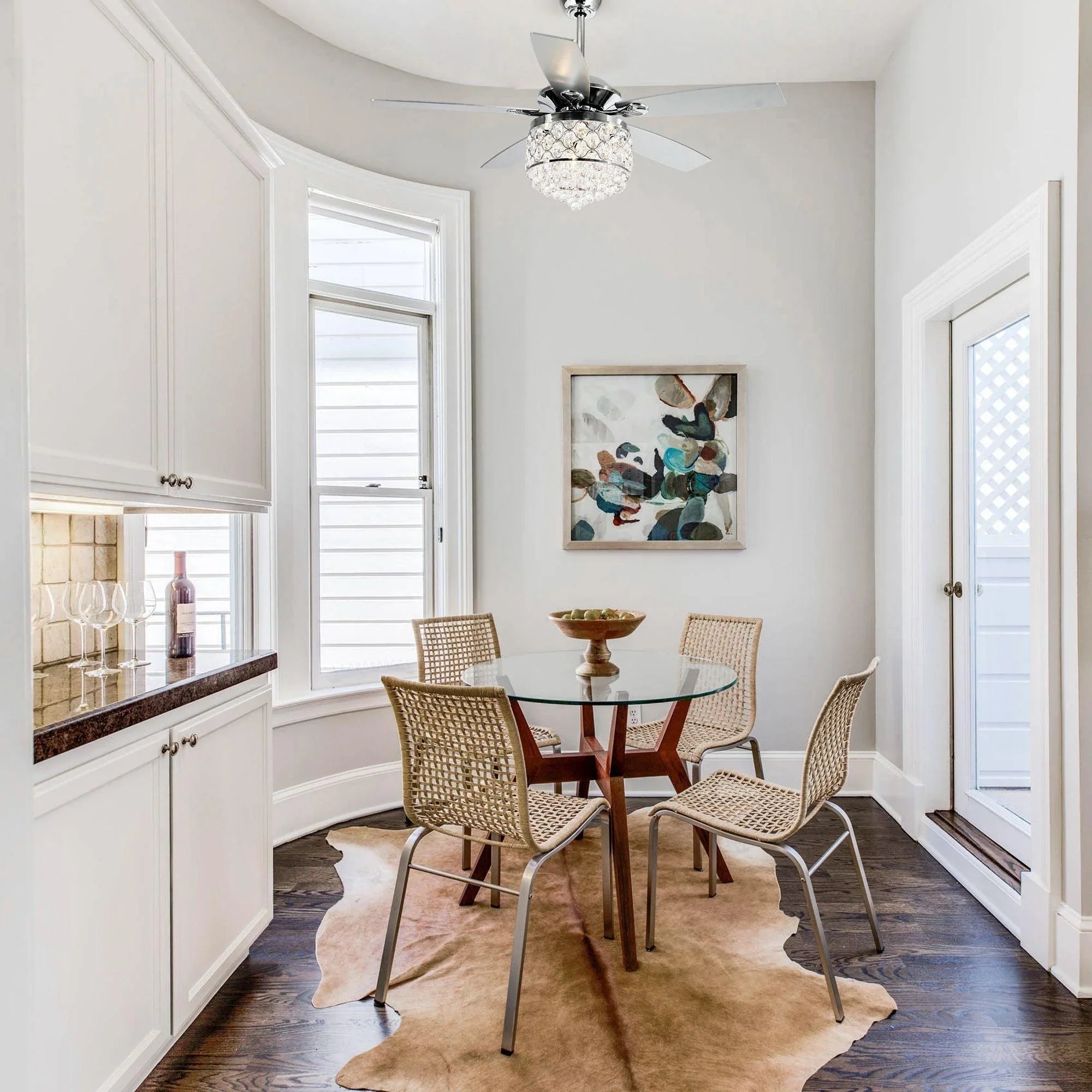 Ceiling fan with crystal light fixture and dark-toned blades