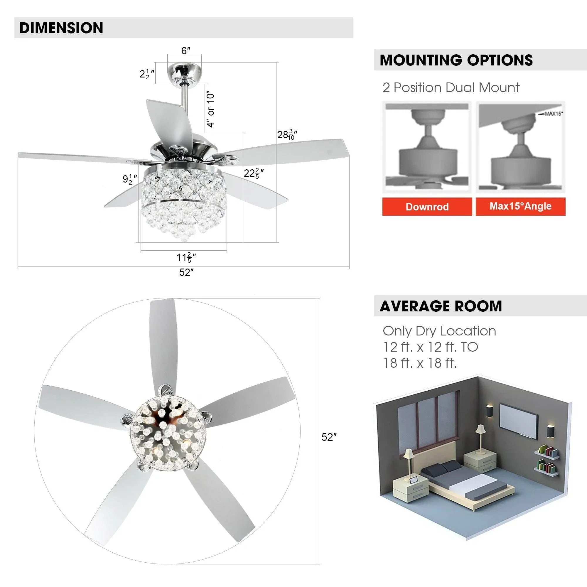Crystal ceiling fan diagram with dimensions, mounting options, and room size notes
