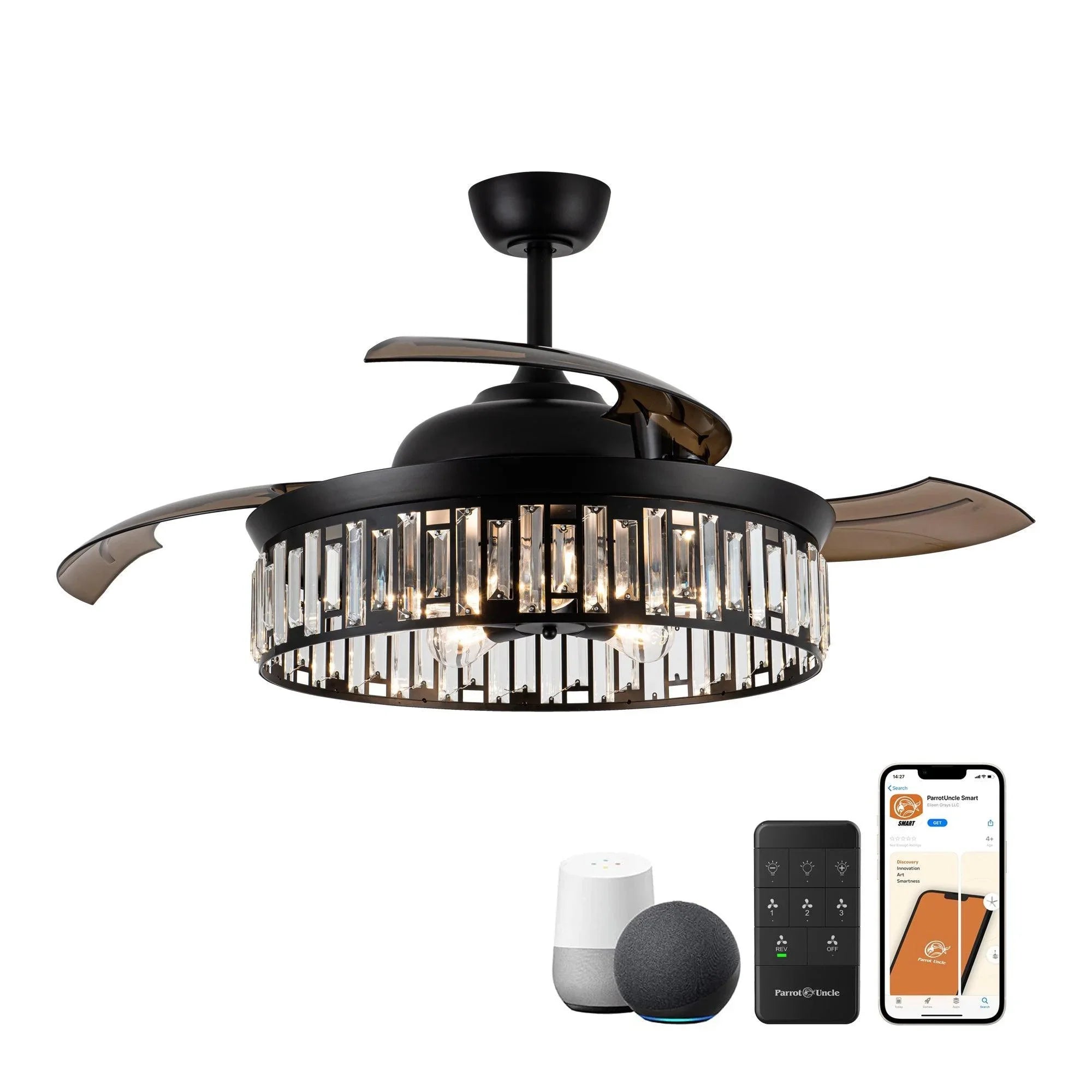 Black ceiling fan with clear-bulb light kit, shown with smart home app controls