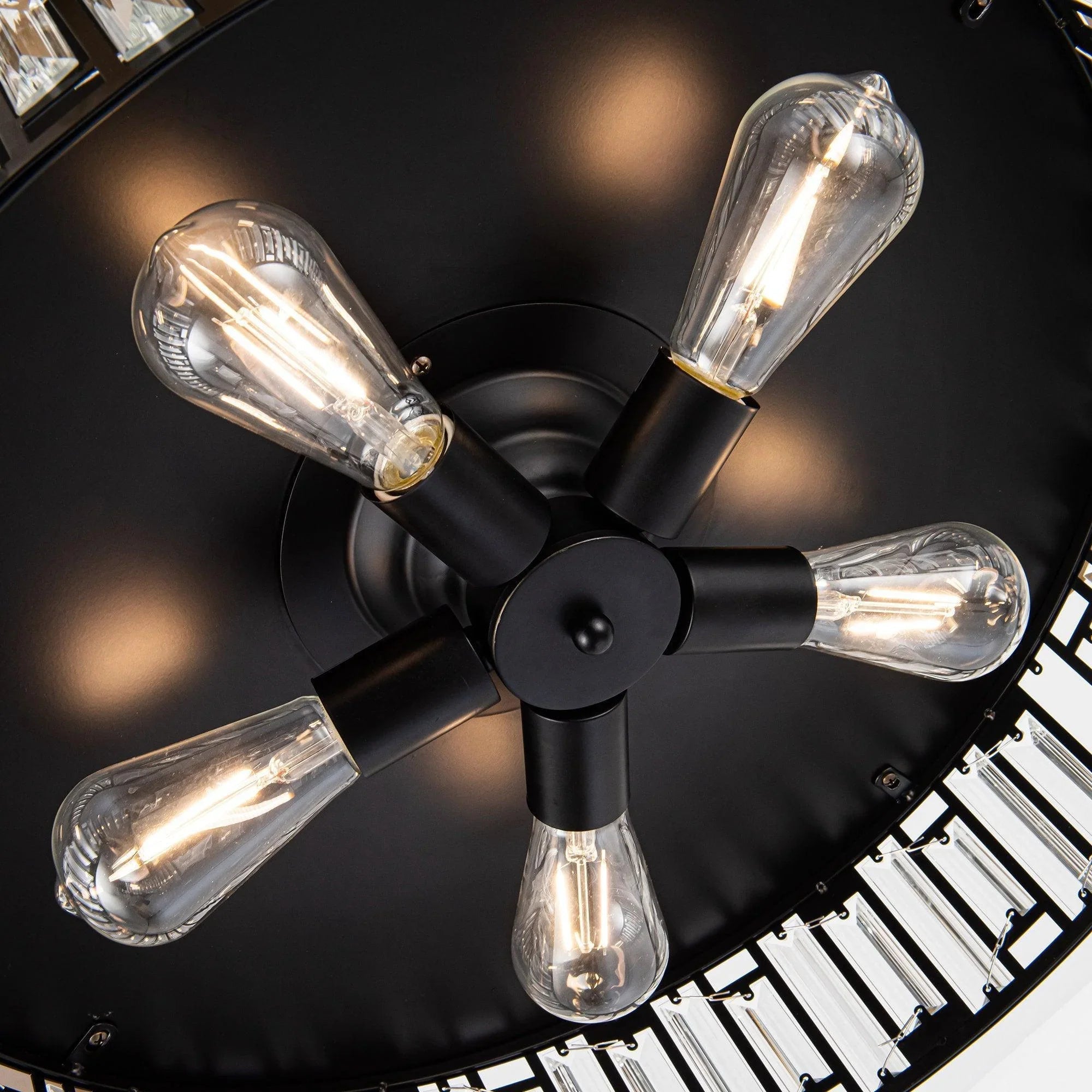 Black ceiling fan light kit with clear glass bulbs and metal light ring
