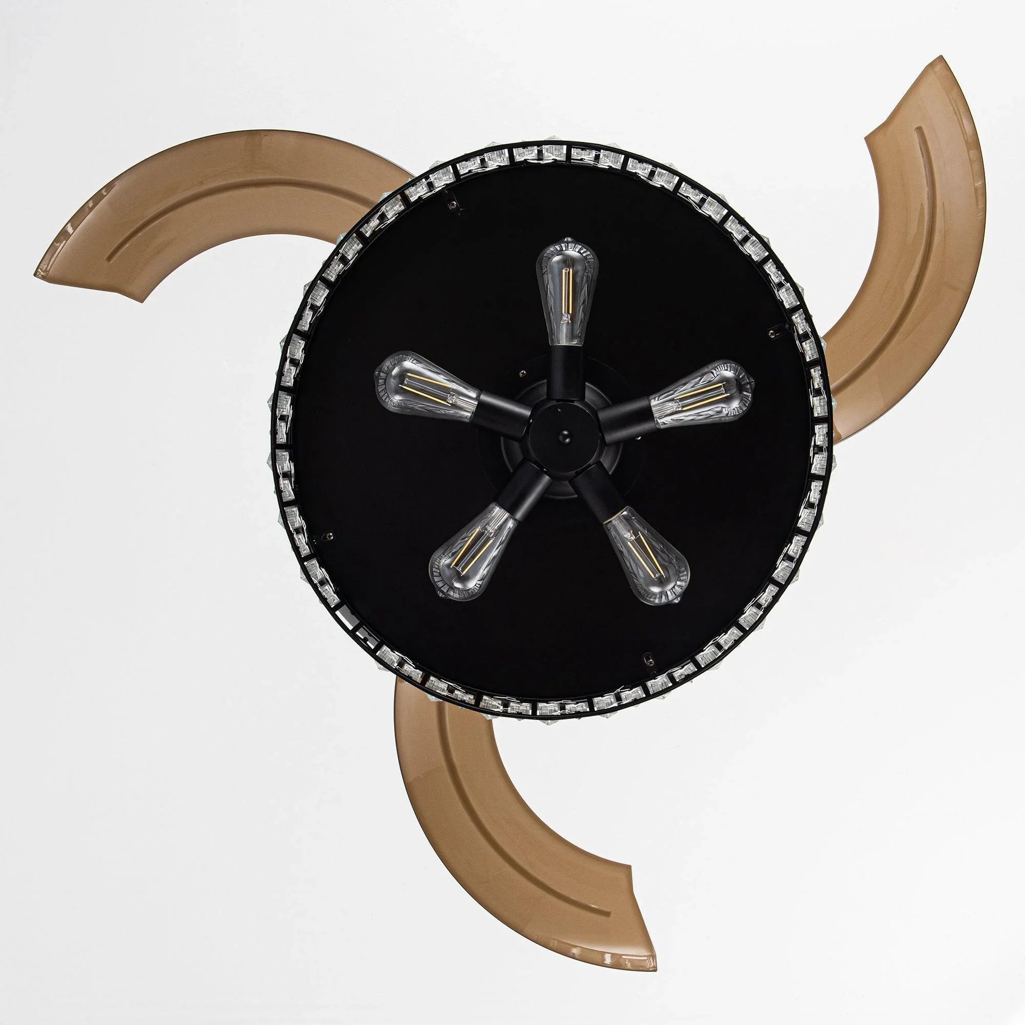 Top view of black ceiling fan light kit with four brown blades and central hub