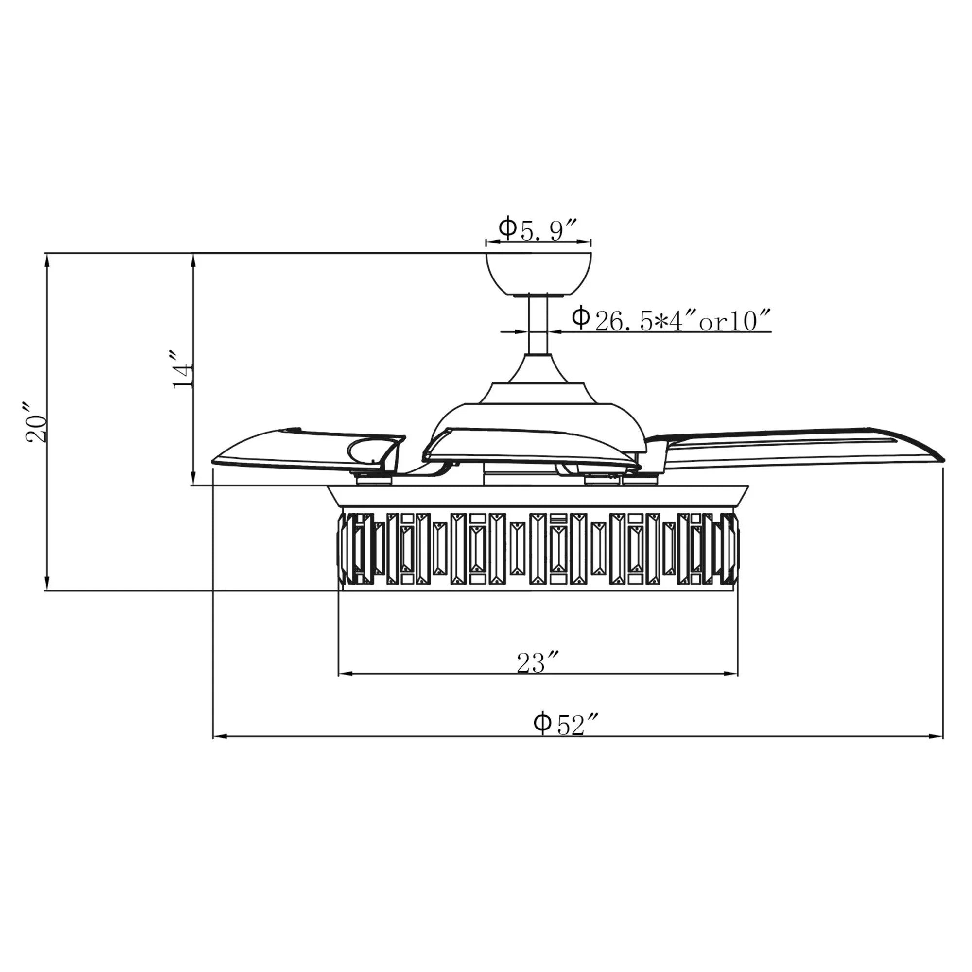 Ceiling fan light kit dimension diagram: 52 in width and 20 in height