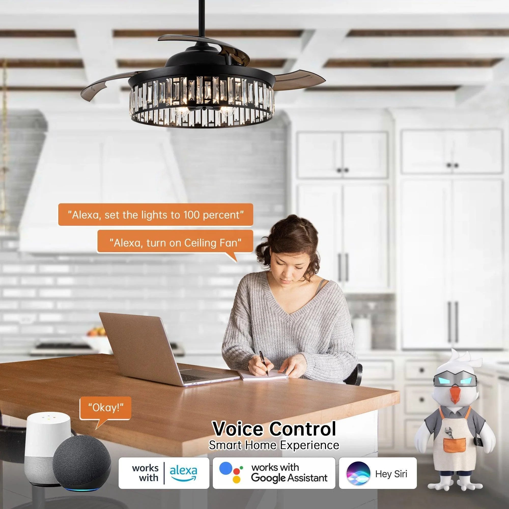 Black smart ceiling fan with round light kit and three angled blades
