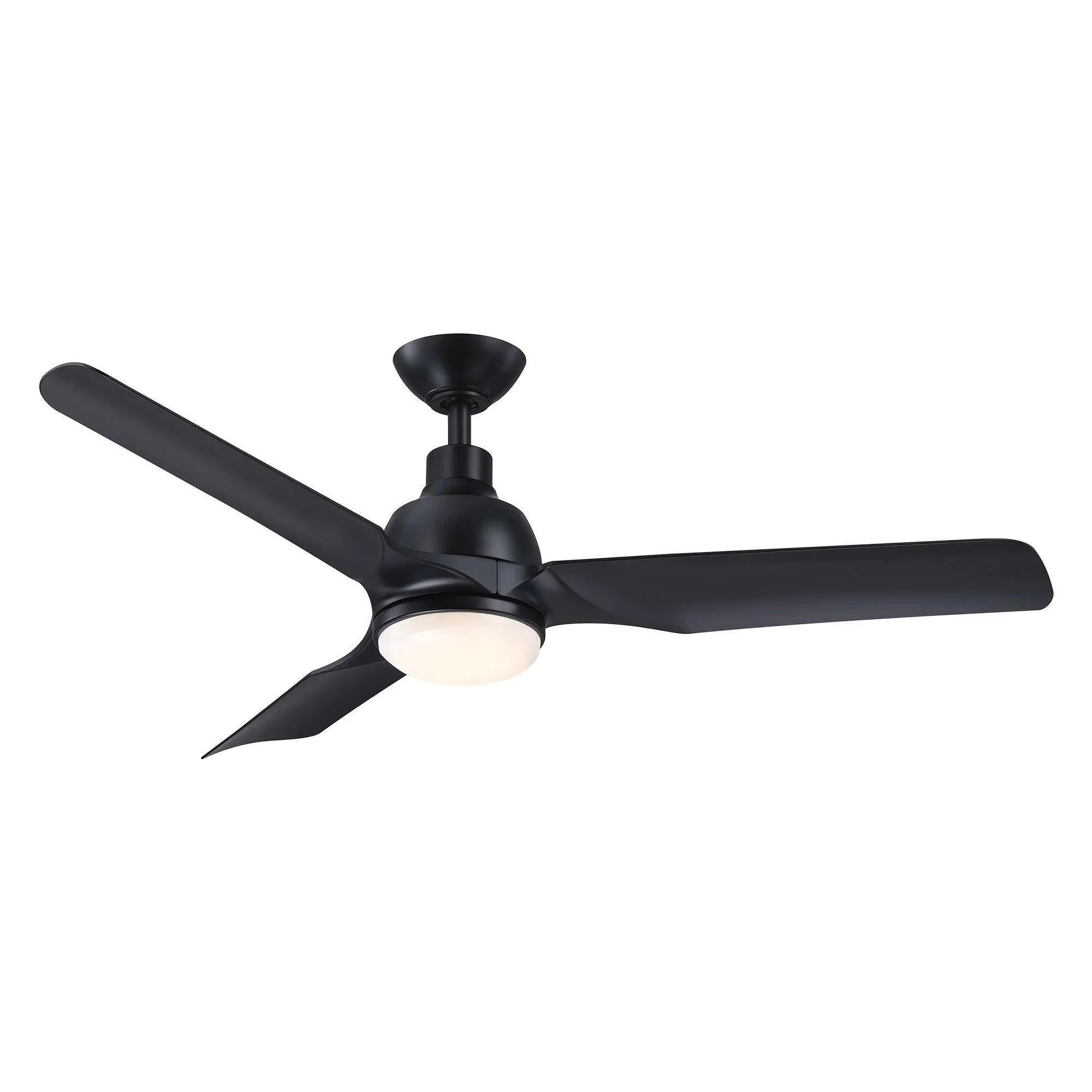 Black ceiling fan with frosted dome light and four blades