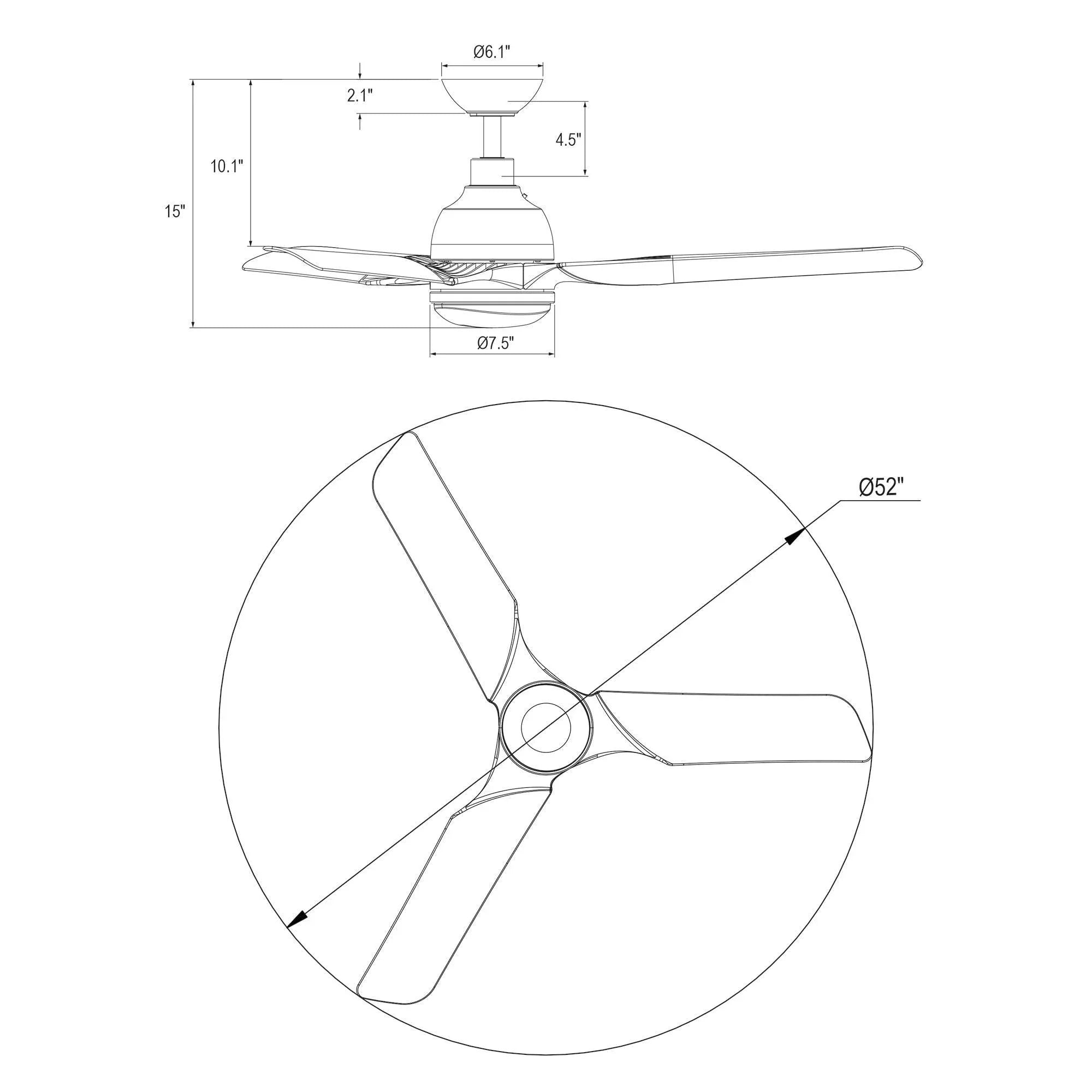 Line diagram of black 52-inch ceiling fan with blade layout and dimensions