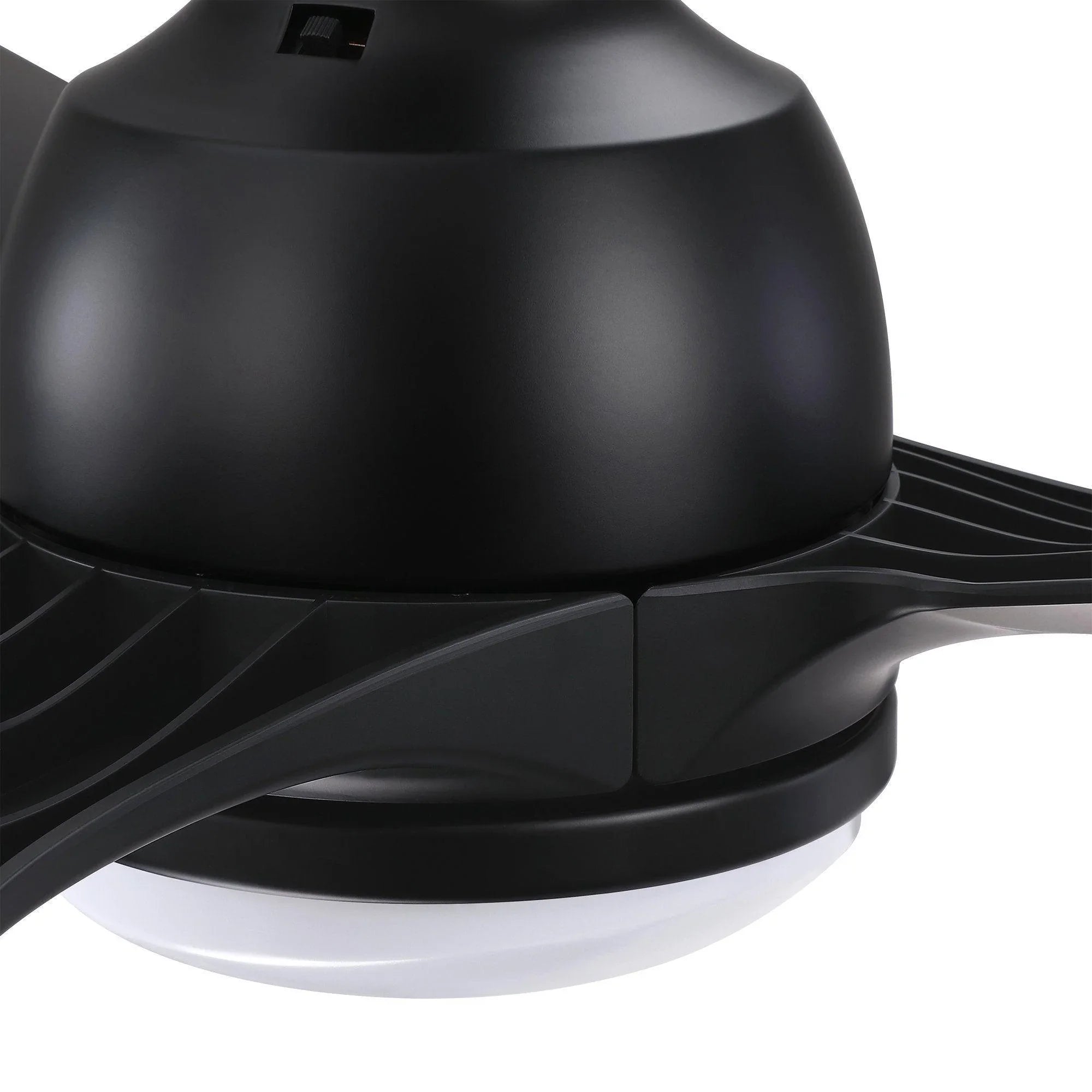 Close-up of black ceiling fan motor housing and blade arm detail