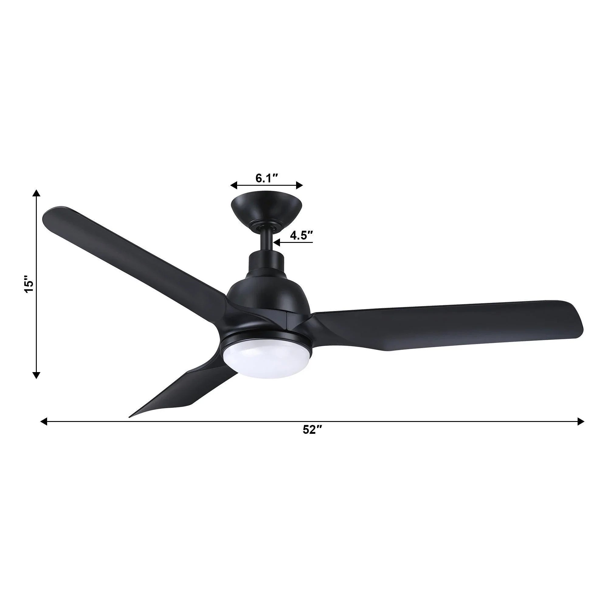 Black 52-inch ceiling fan with frosted light globe and four blades