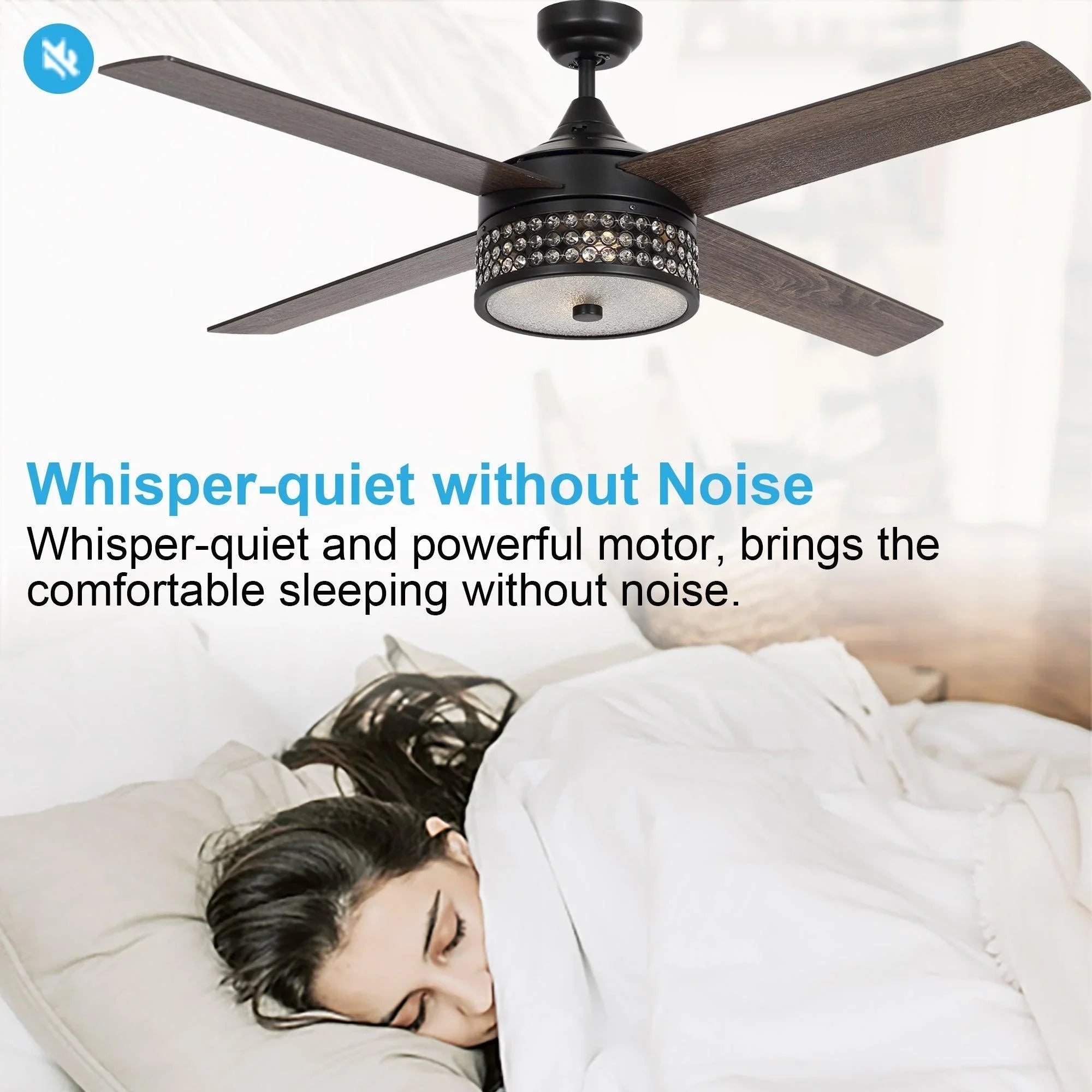 Black ceiling fan with crystal light ring and five reversible blades, bright LED glow