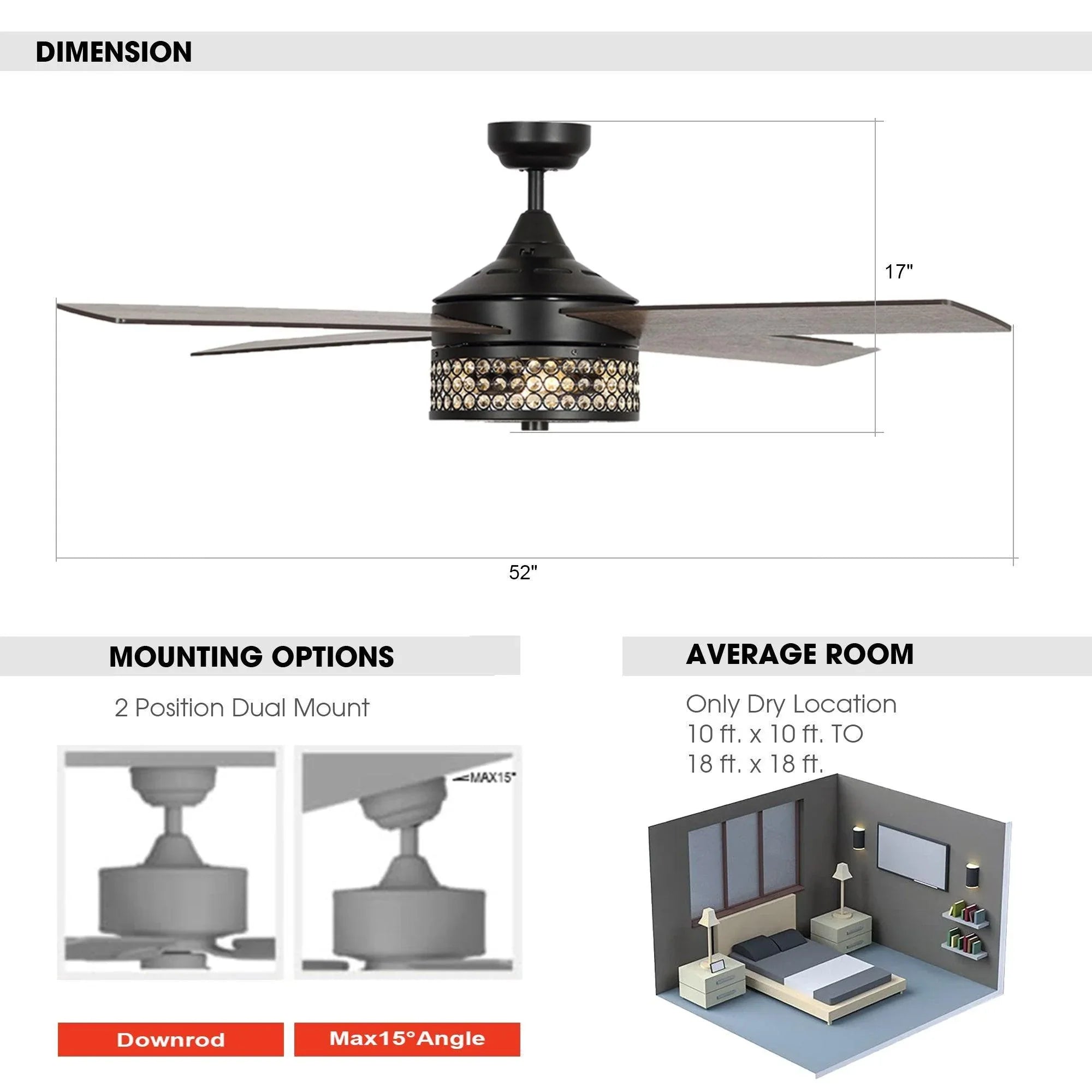 Black ceiling fan dimensions and mounting options diagram with integrated LED light