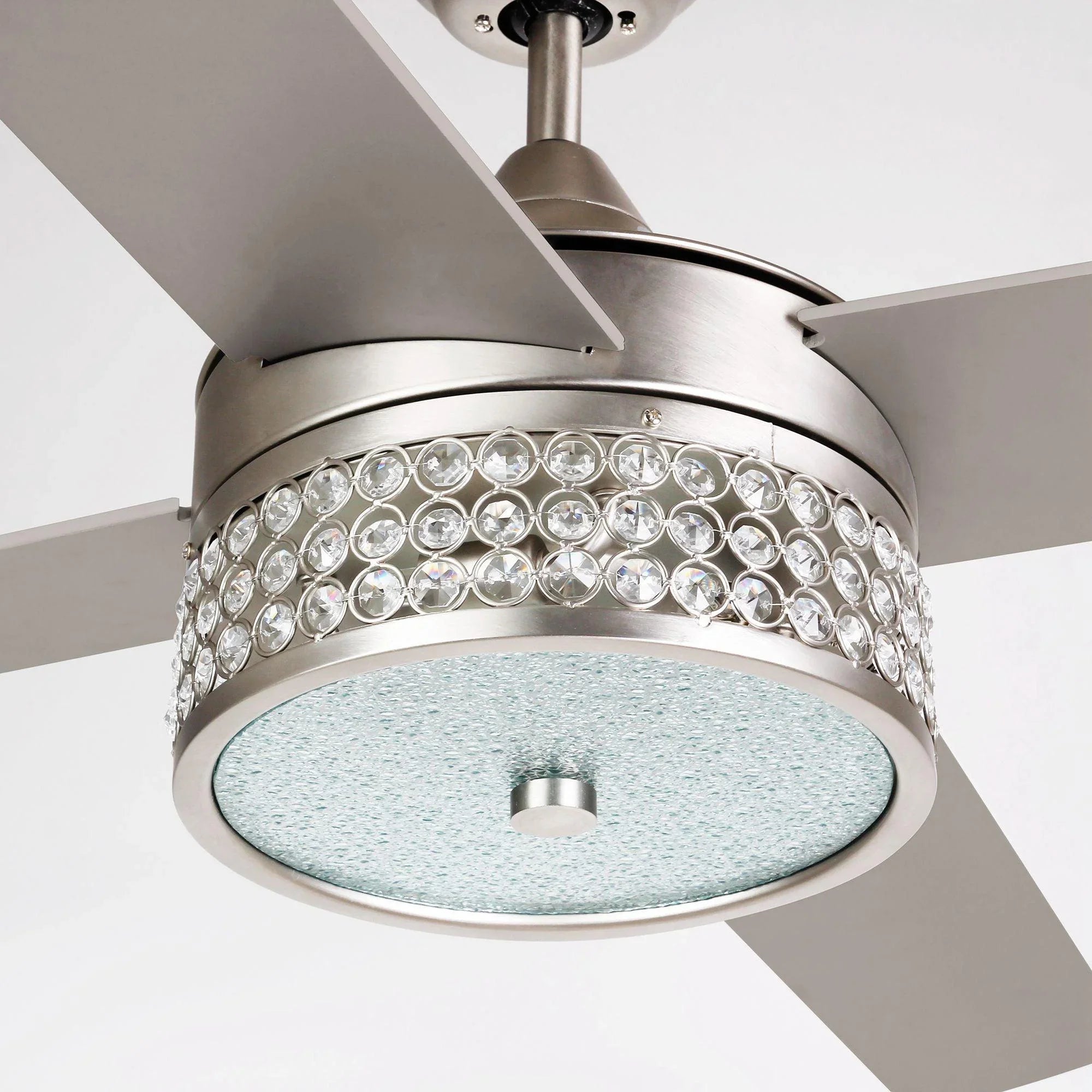 Modern ceiling fan LED light ring with crystal-style trim and satin nickel housing