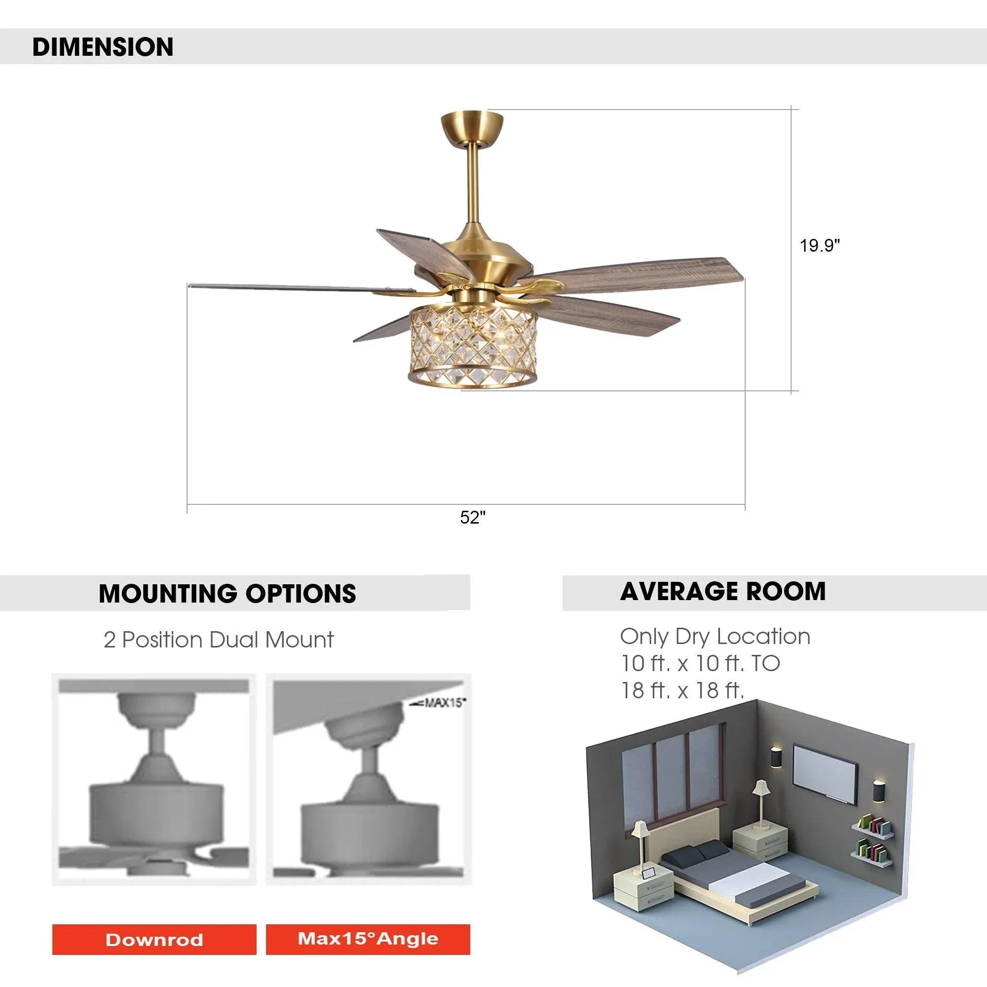 Ceiling fan dimension diagram showing 52-inch span and crystal light housing