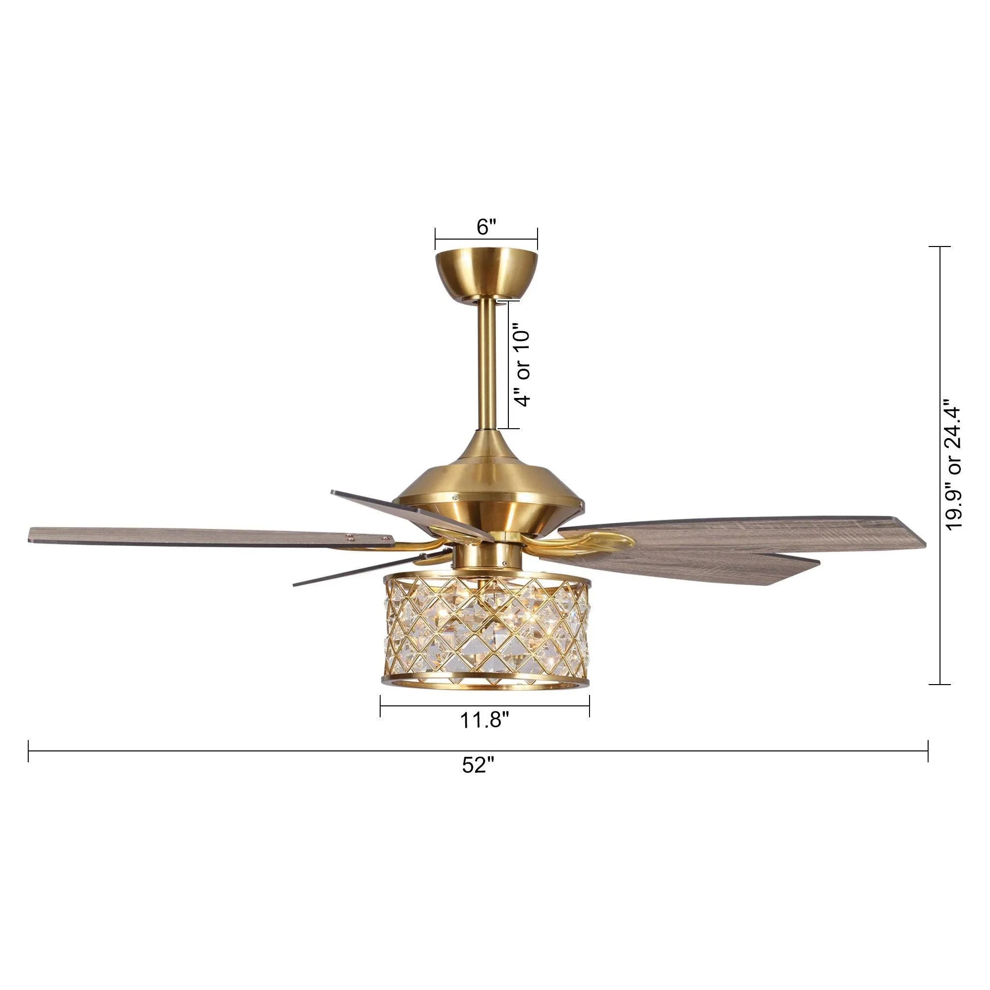 Ceiling fan diagram with 52-inch span, golden motor, and crystal light fixture
