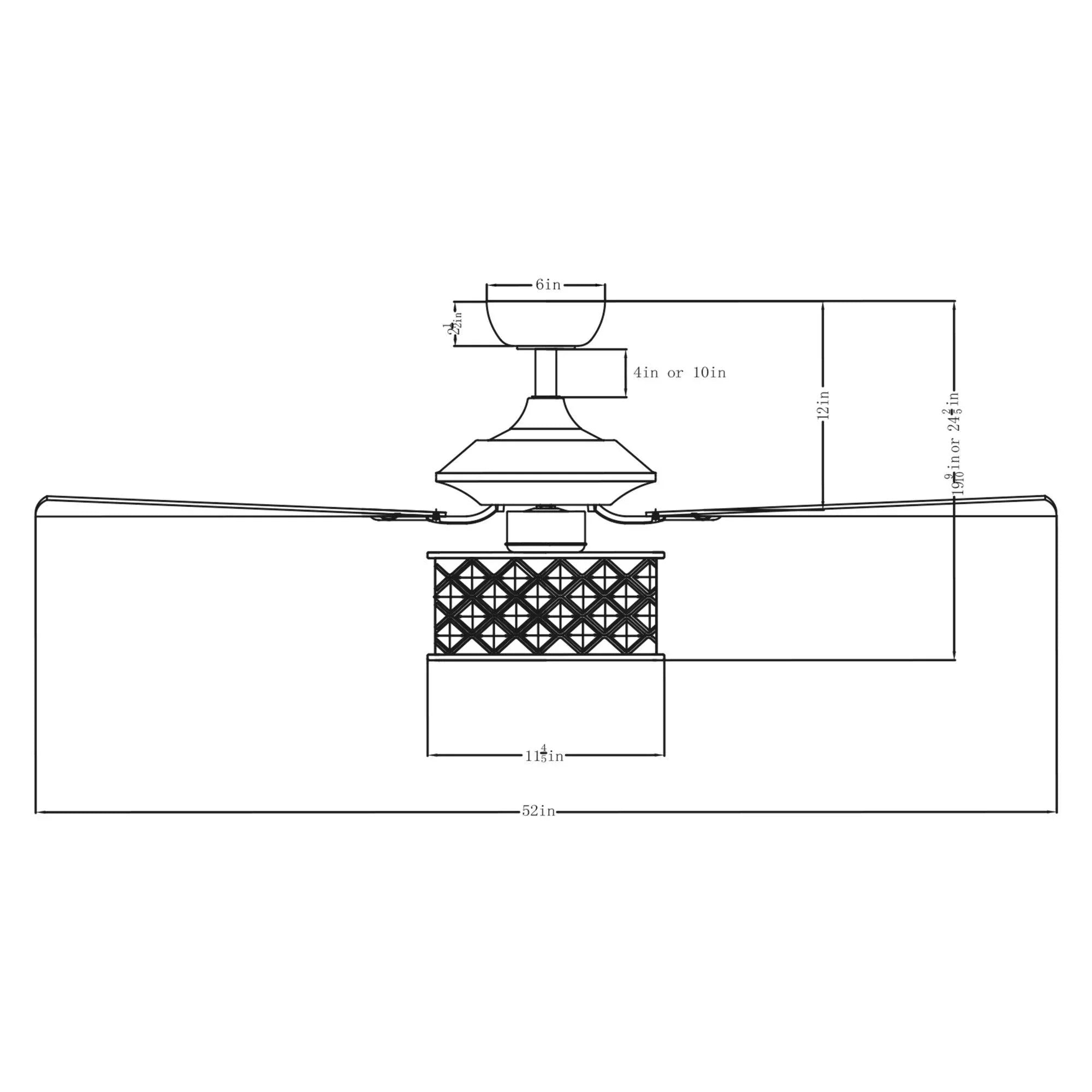 Ceiling fan diagram showing 52-inch size with crystal light housing