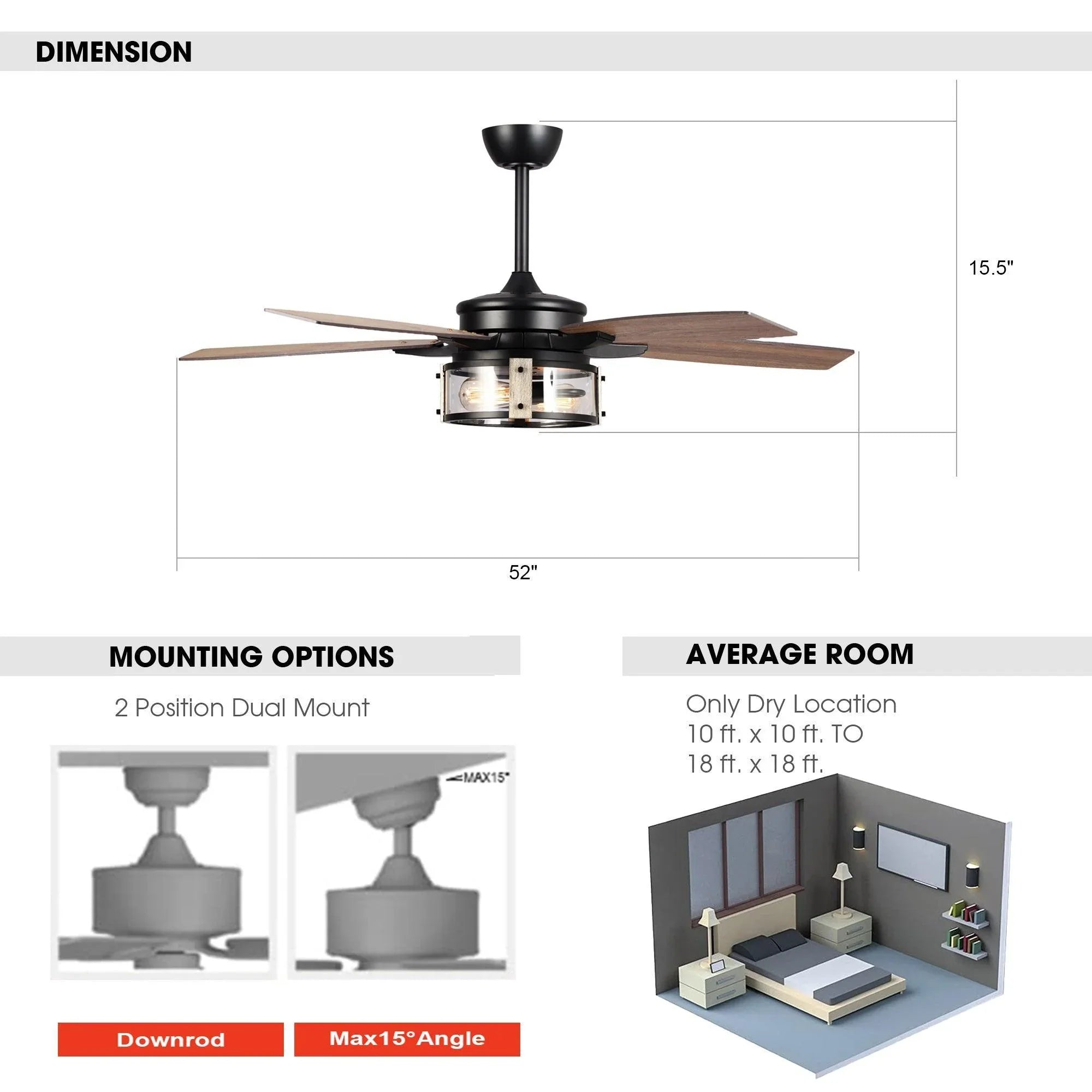 Black farmhouse ceiling fan with light, showing 52-inch size and mounting options