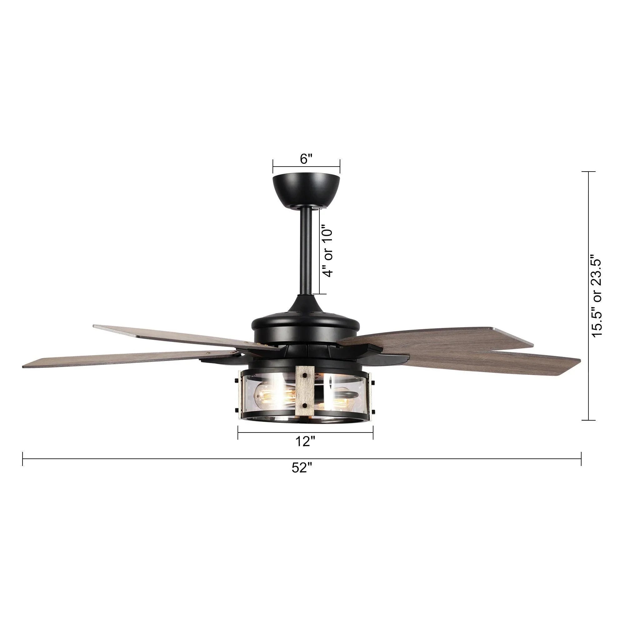 Black farmhouse ceiling fan with light and reversible wood blades, with size measurements