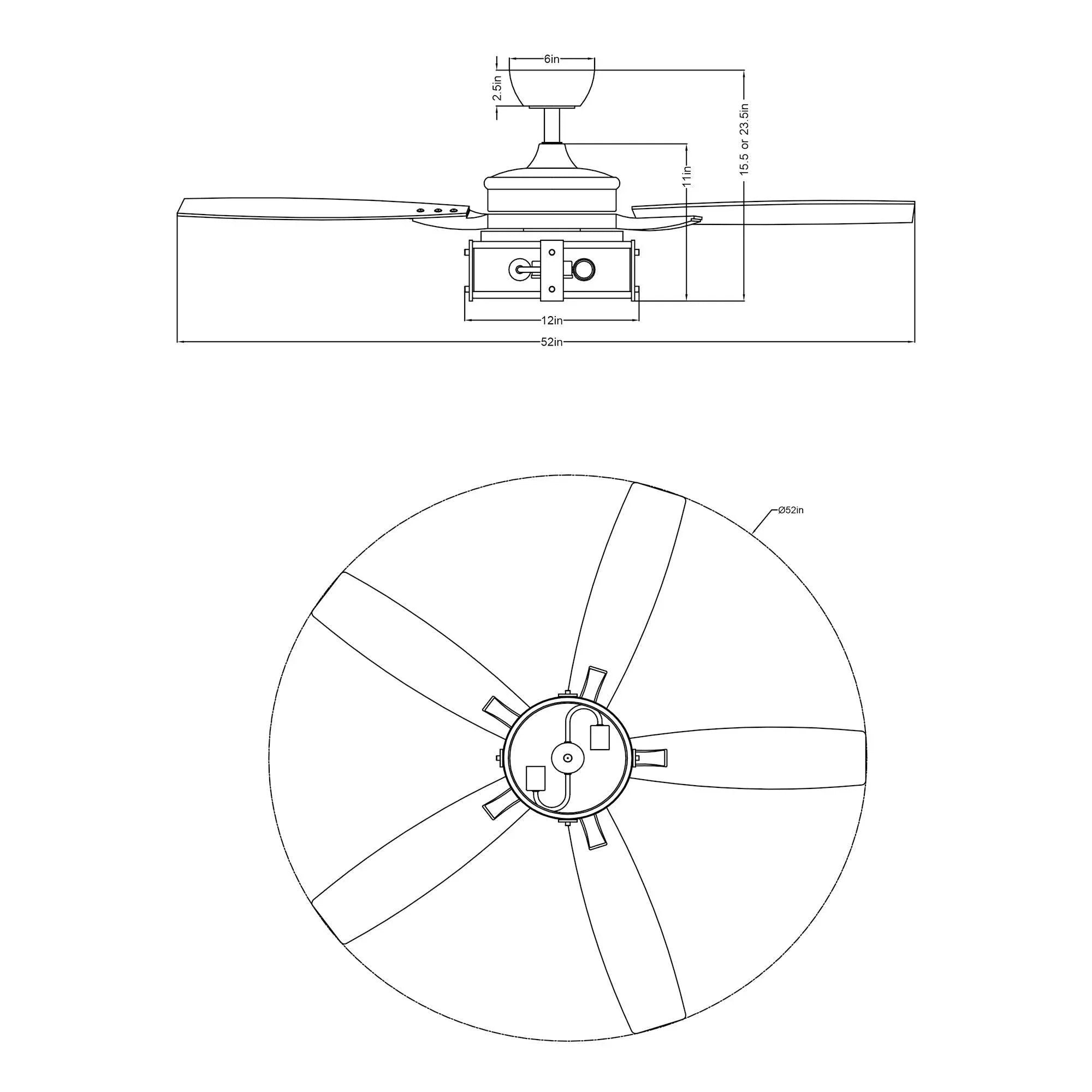 Black ceiling fan with light, downrod mount, and reversible blade diagram