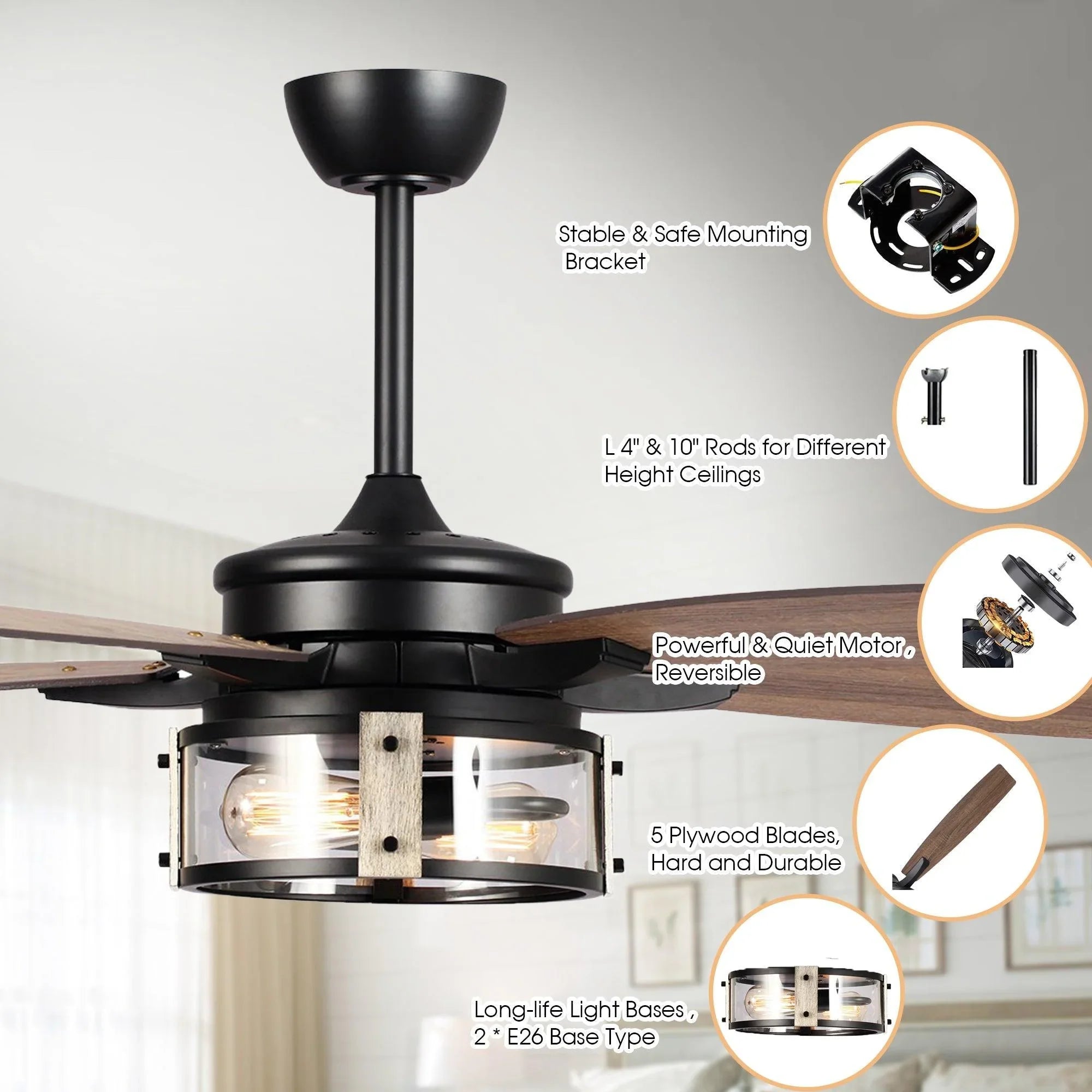 Black farmhouse ceiling fan with reversible blades and integrated glass light kit