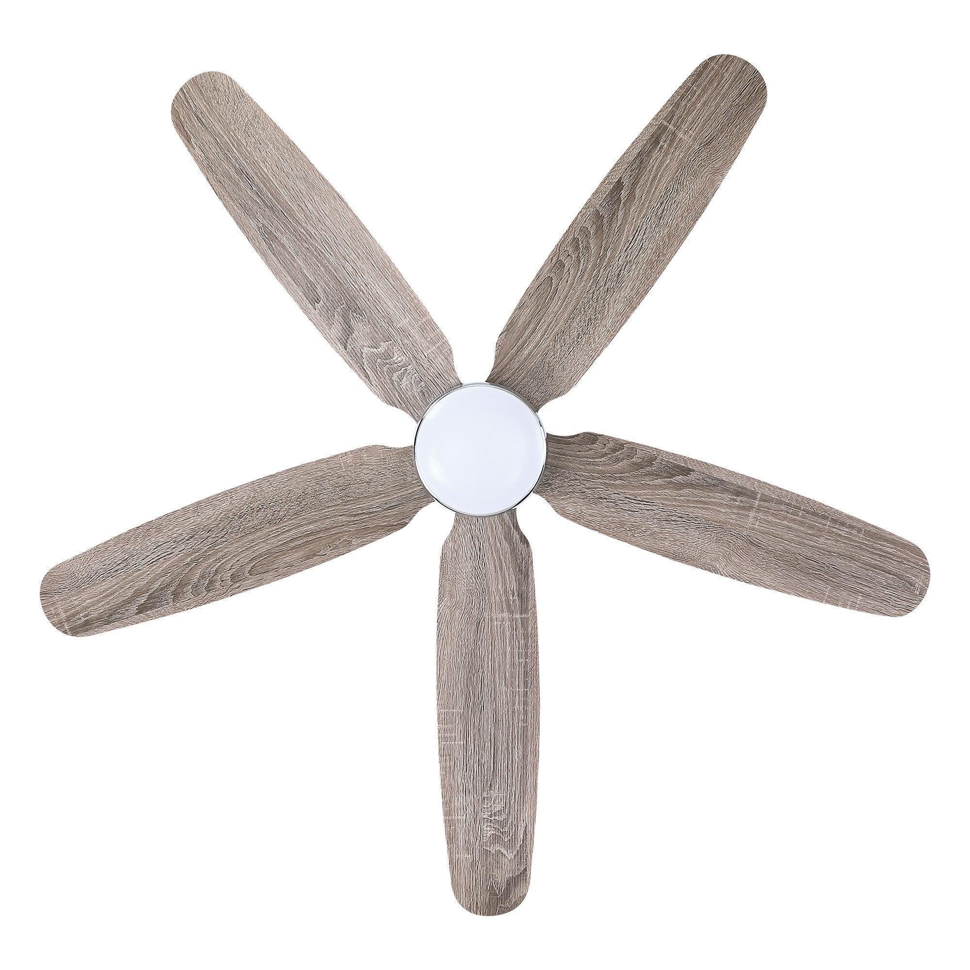 Five-blade ceiling fan with white light housing and gray wood-style blades