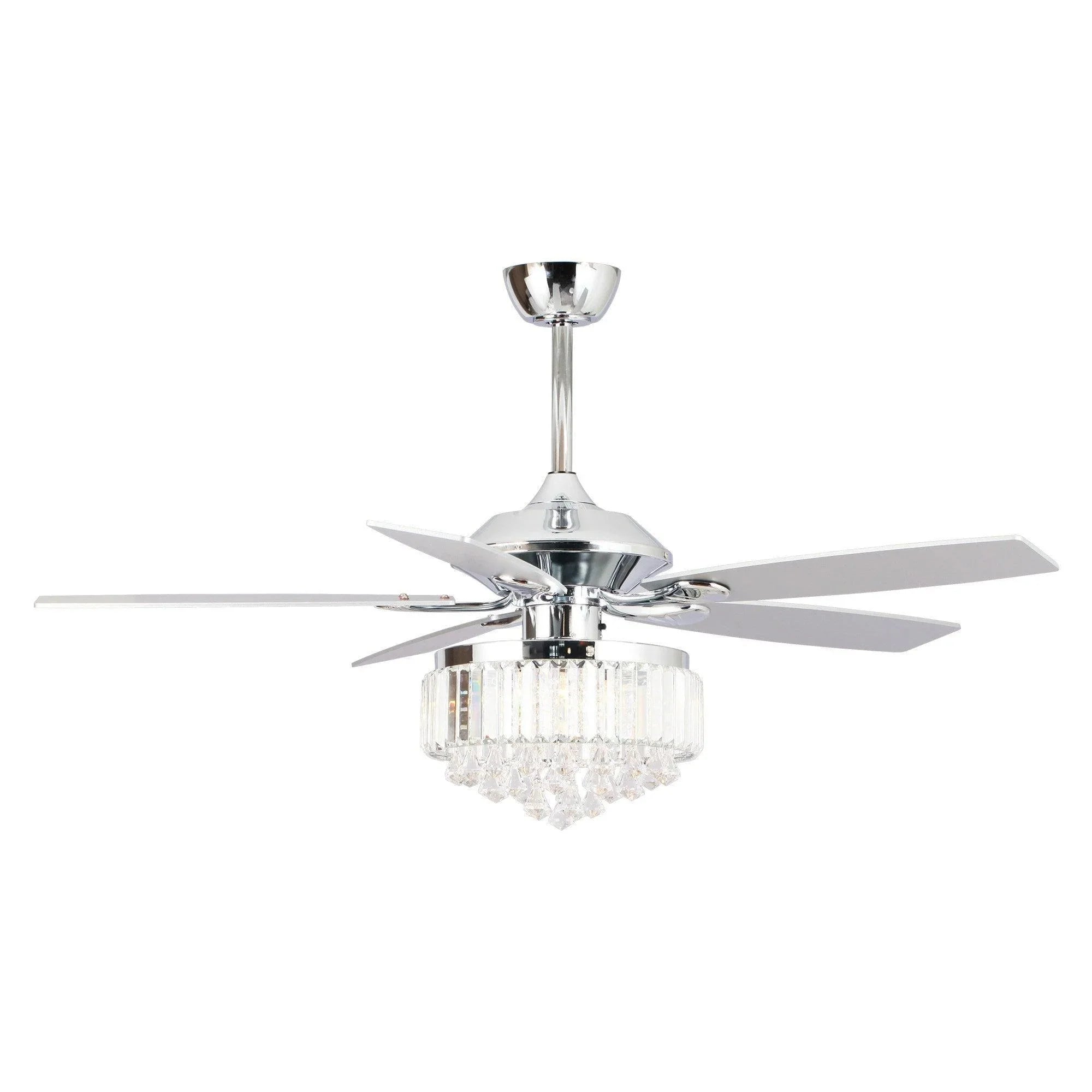 Chrome crystal fandelier ceiling fan with four white blades and sparkling crystal shade.