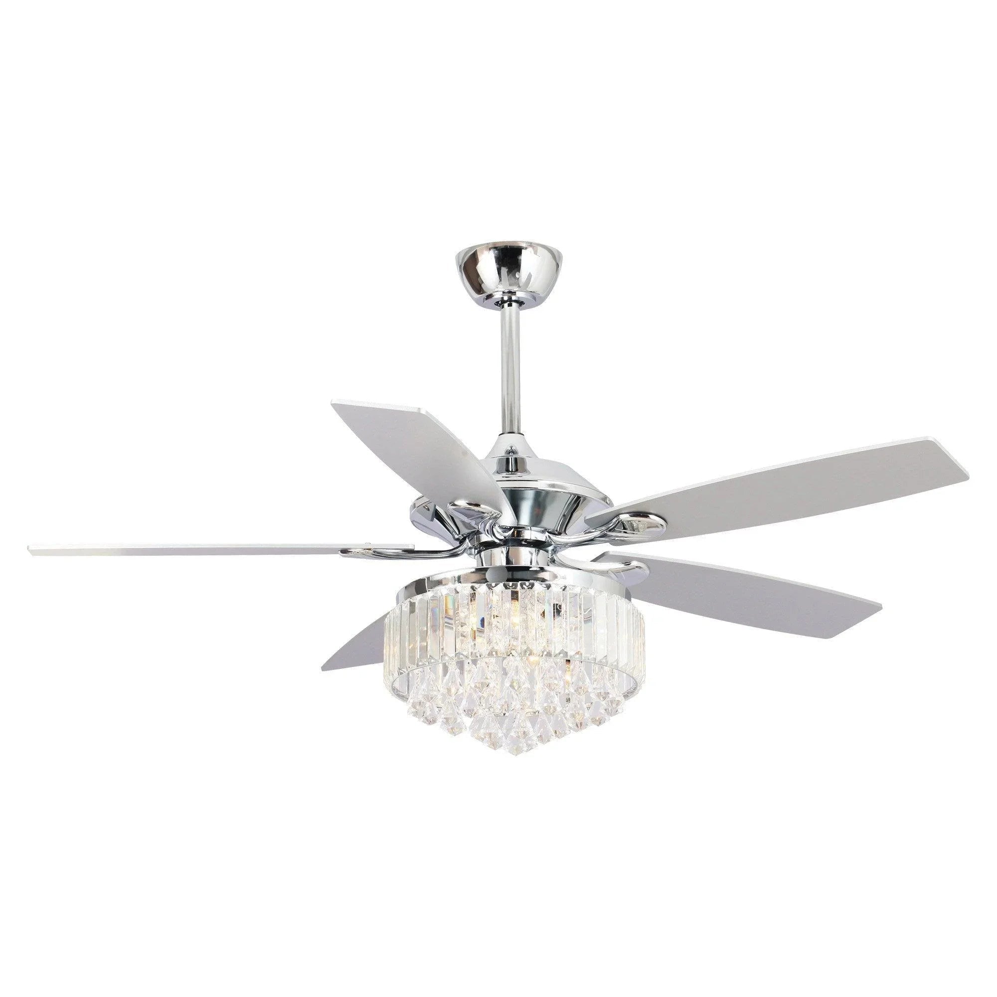 Chrome crystal fandelier ceiling fan with clear crystal shade and four white blades.