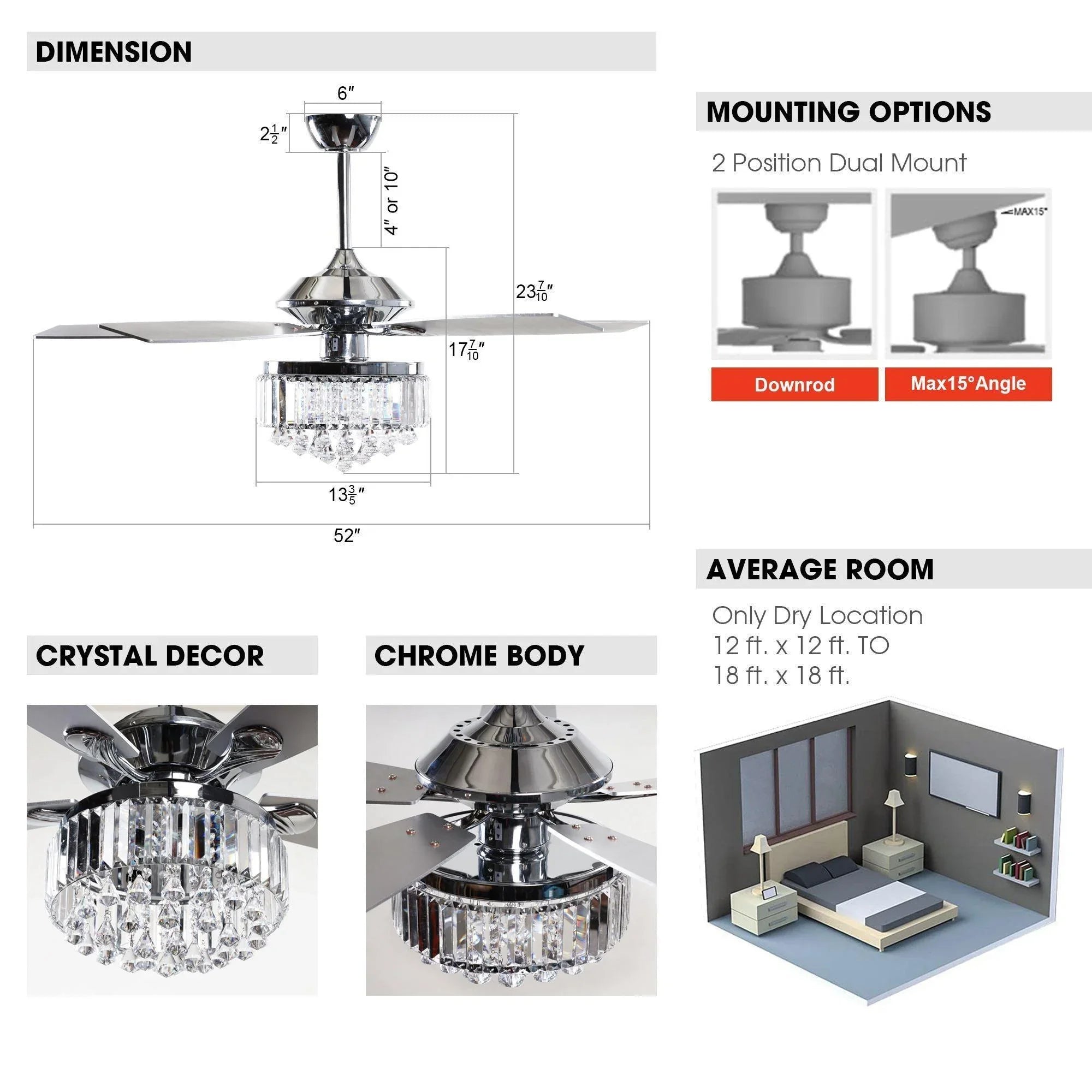 Chrome ceiling fan chandelier with crystal centerpiece and dual-mount mounting options