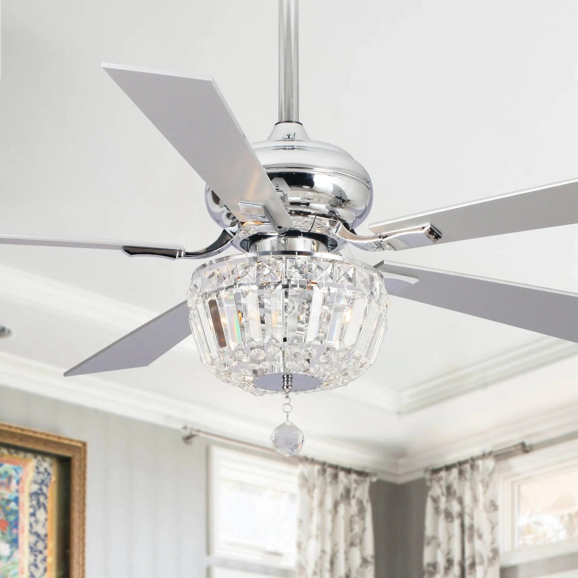 Chrome ceiling fan with crystal glass drum light and five-blade design
