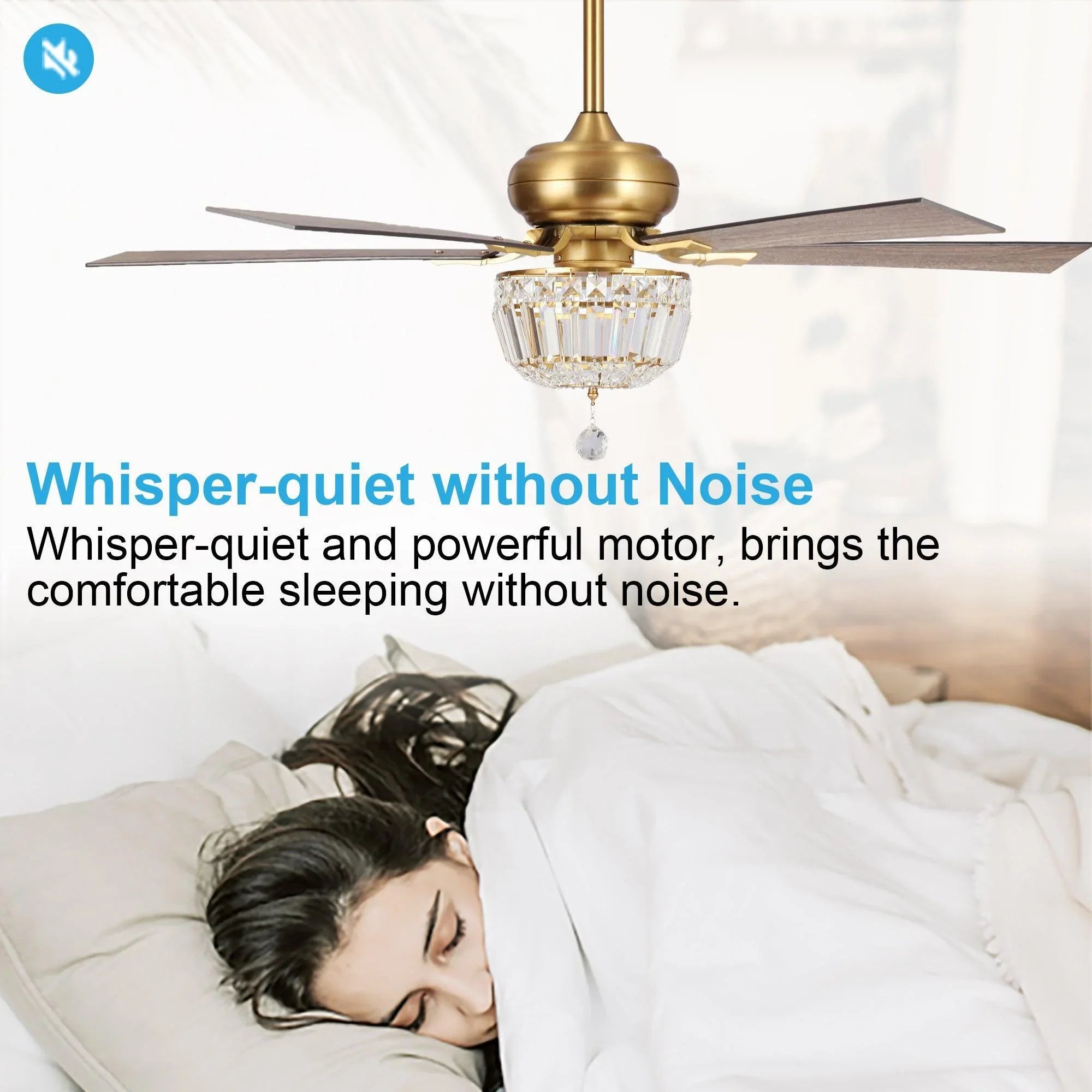 Golden ceiling fan with crystal globe light and five wooden blades