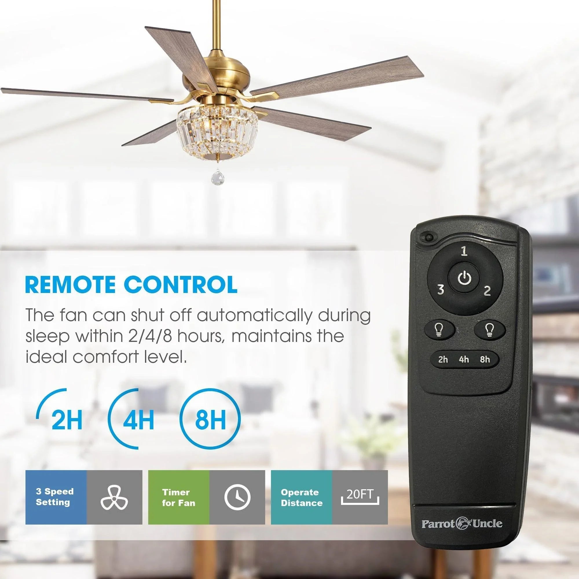 Golden ceiling fan with crystal light and black remote control in foreground