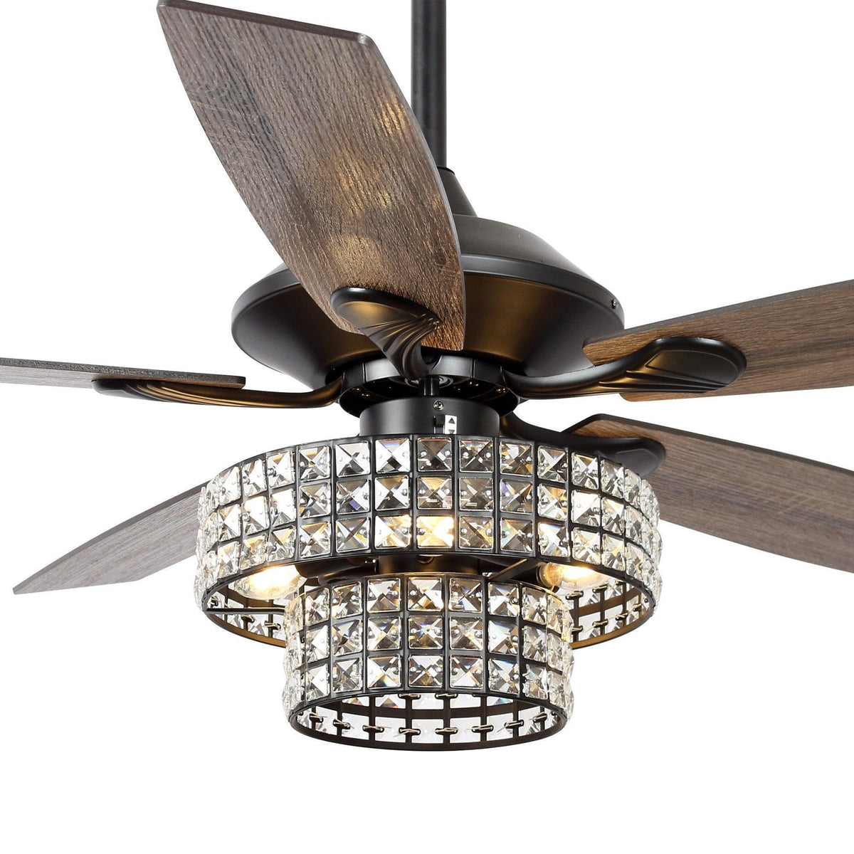 Black ceiling fan with wood blades and sparkling crystal drum light