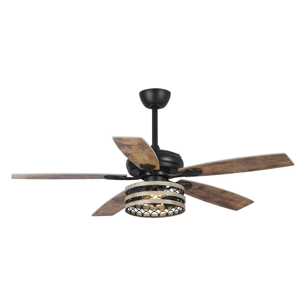 Black ceiling fan with 5 reversible wood blades and decorative caged light fixture