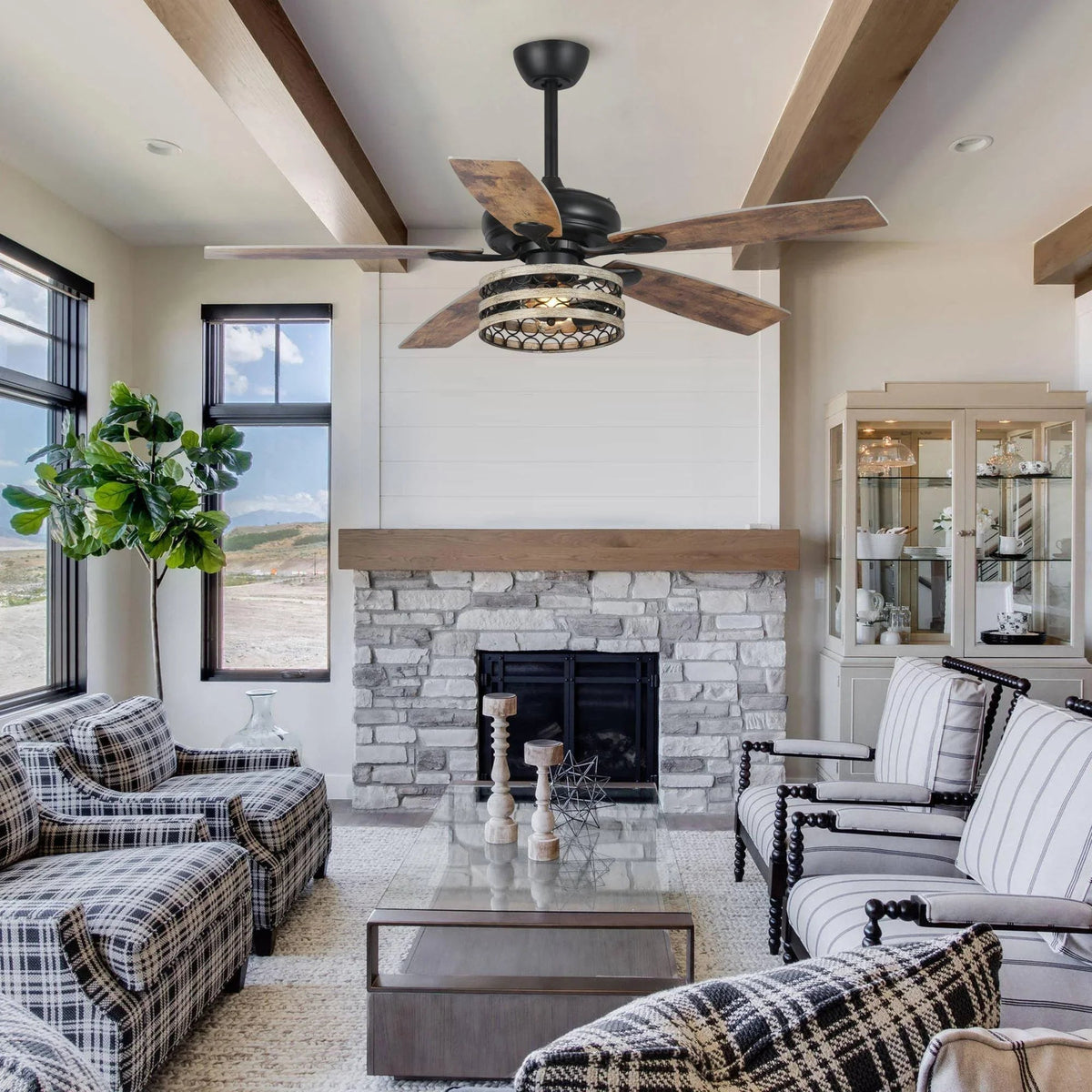 Black ceiling fan with reversible wood blades and decorative caged light in a living room