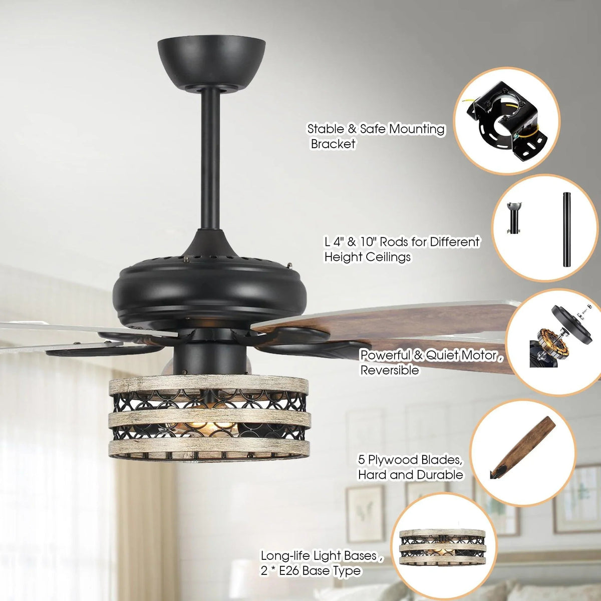 Parrot Uncle black ceiling fan with light kit and five reversible blades