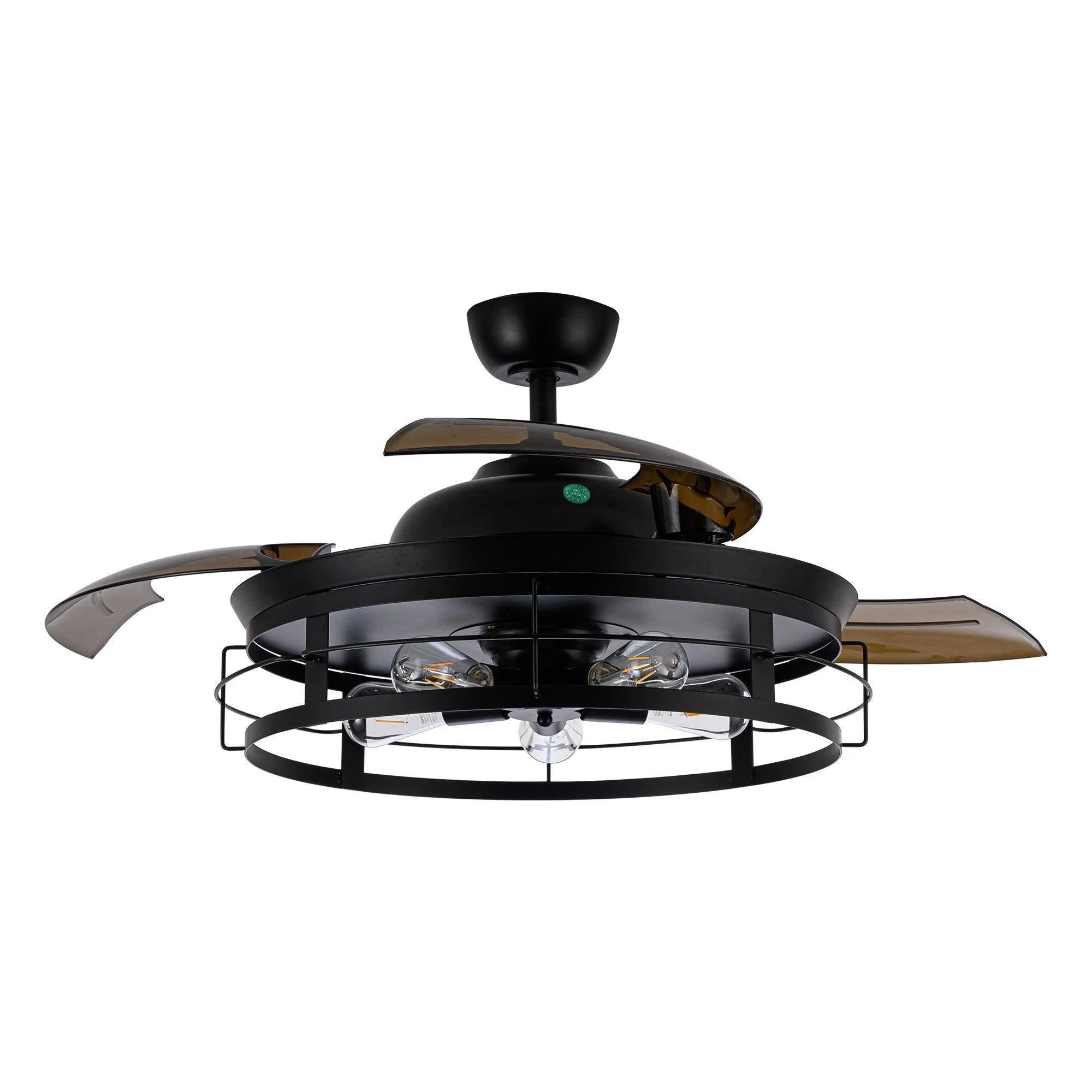 Black industrial ceiling fan with light, bronze blades and circular guard