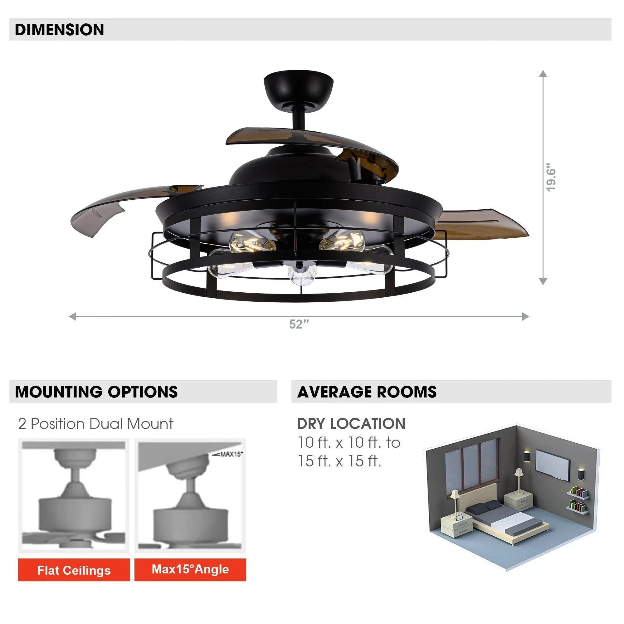 Black 52-inch industrial ceiling fan with light fixture and blade span