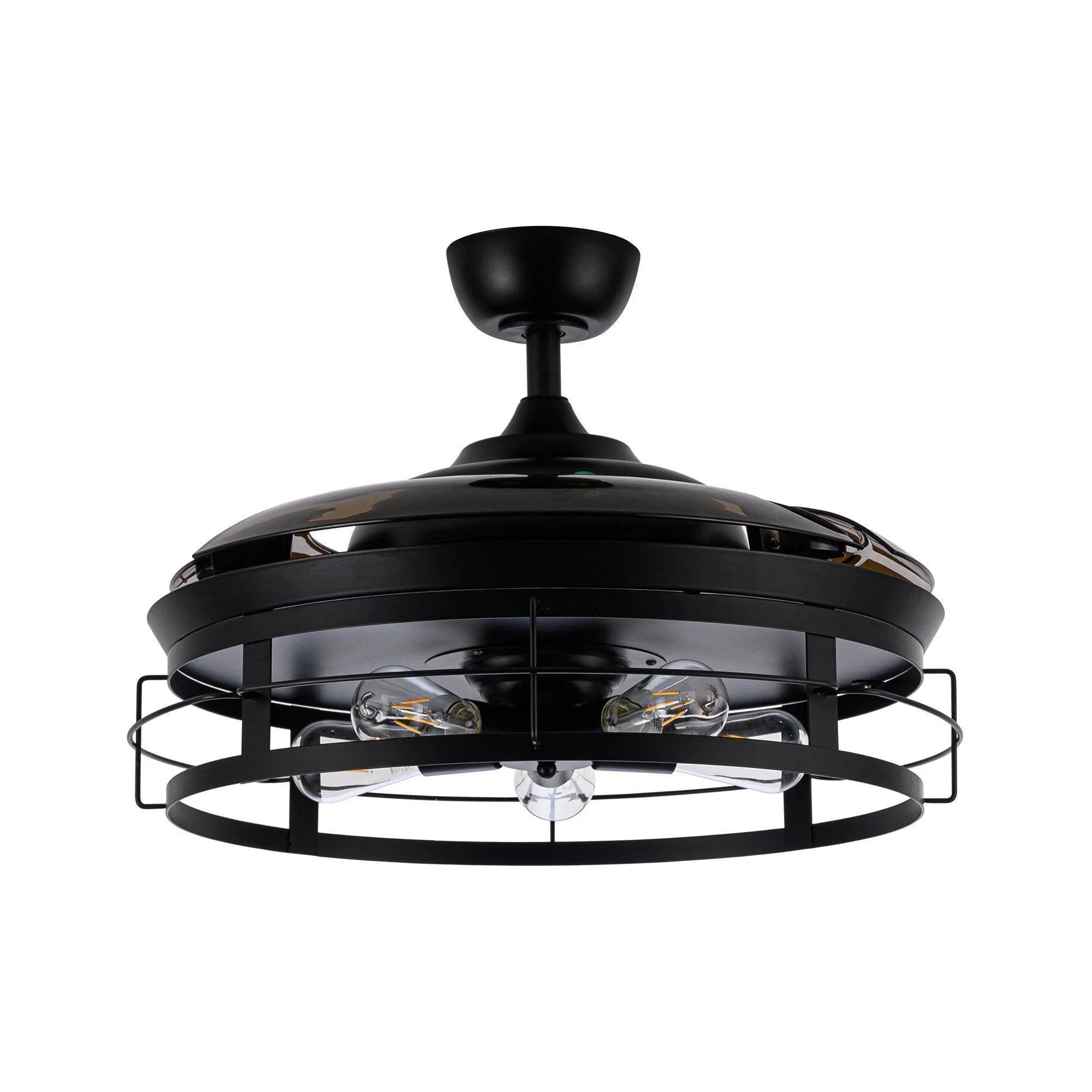 Black ceiling fan with light, bronze blades, and round protective cage