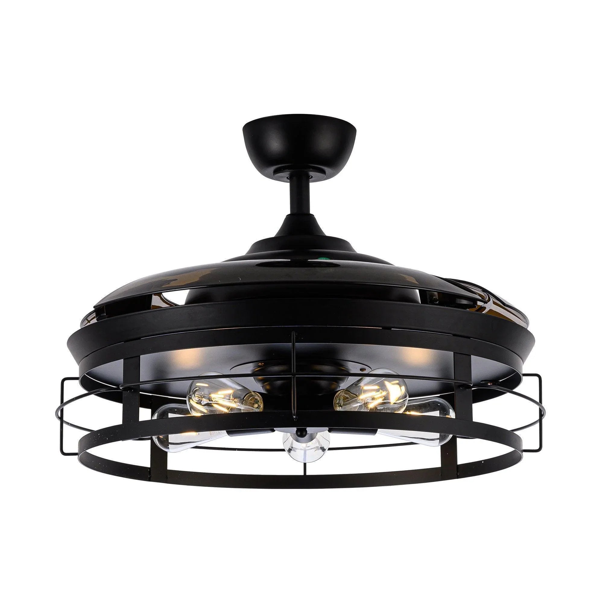 Black ceiling fan with light kit and bronze blades on a white background