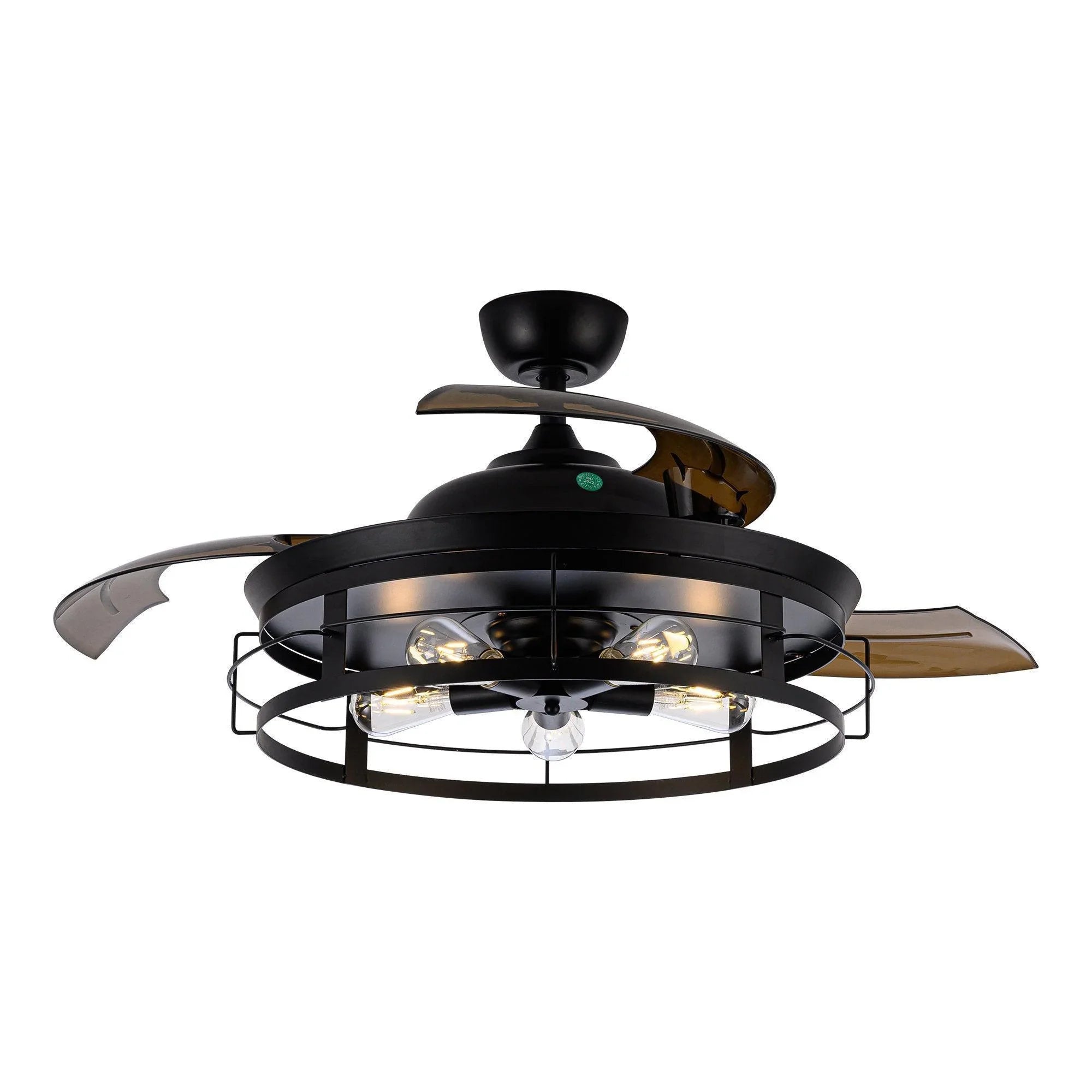 Black industrial ceiling fan with light and bronze blades, centered view