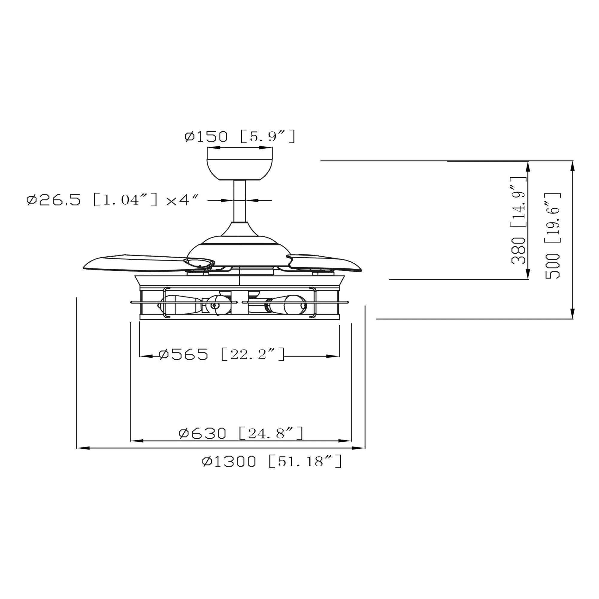 Industrial ceiling fan with light, black dimension diagram for blade span and height